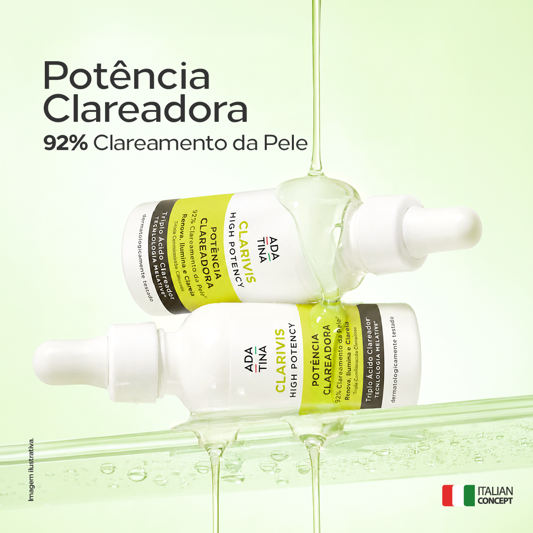 Sérum Clarivis High Potency com potência clareadora e 92% de percepção de clareamento da pele em 28 dias.