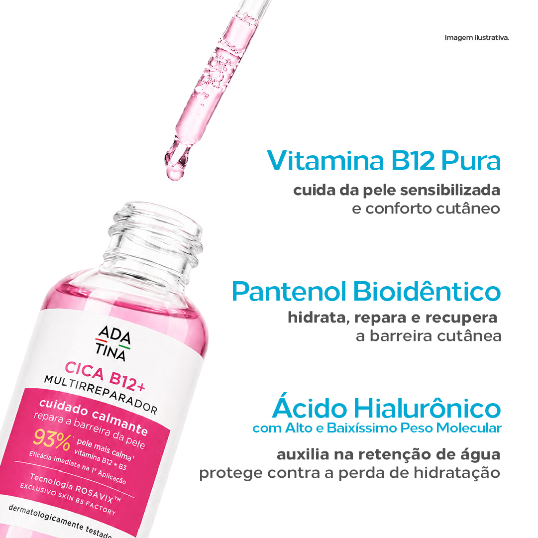 CICA B12+ com Vitamina B12, Pantenol e Ácido Hialurônico para hidratar e proteger a barreira cutânea.