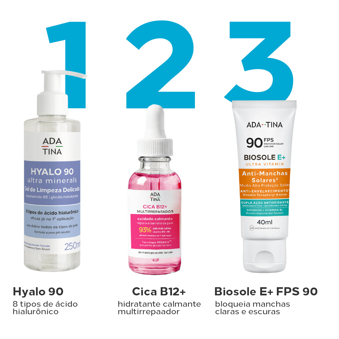 Rotina reparadora em 3 passos: Hyalo 90 Gel, CICA B12+ Multirreparador e Biosole E+ Ultra Vitamin FPS 90.
