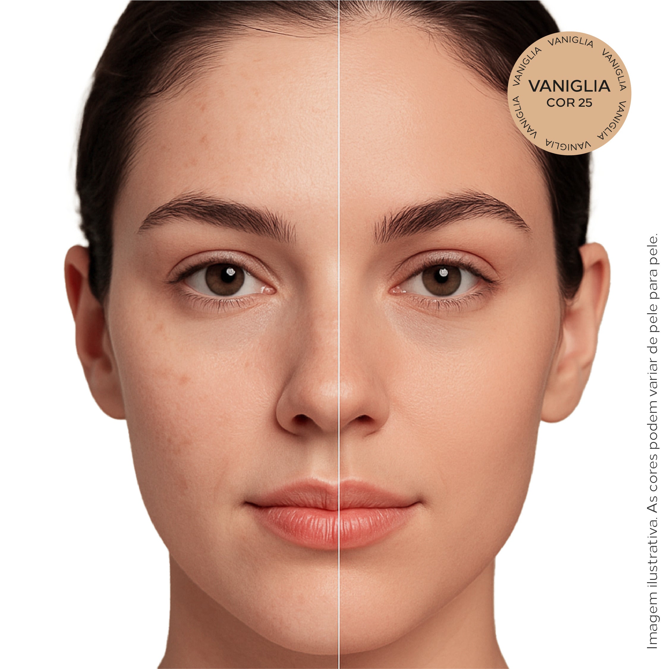 Antes e depois do protetor solar Ada Tina Bio.Identique FPS 75 cor Vaniglia.
