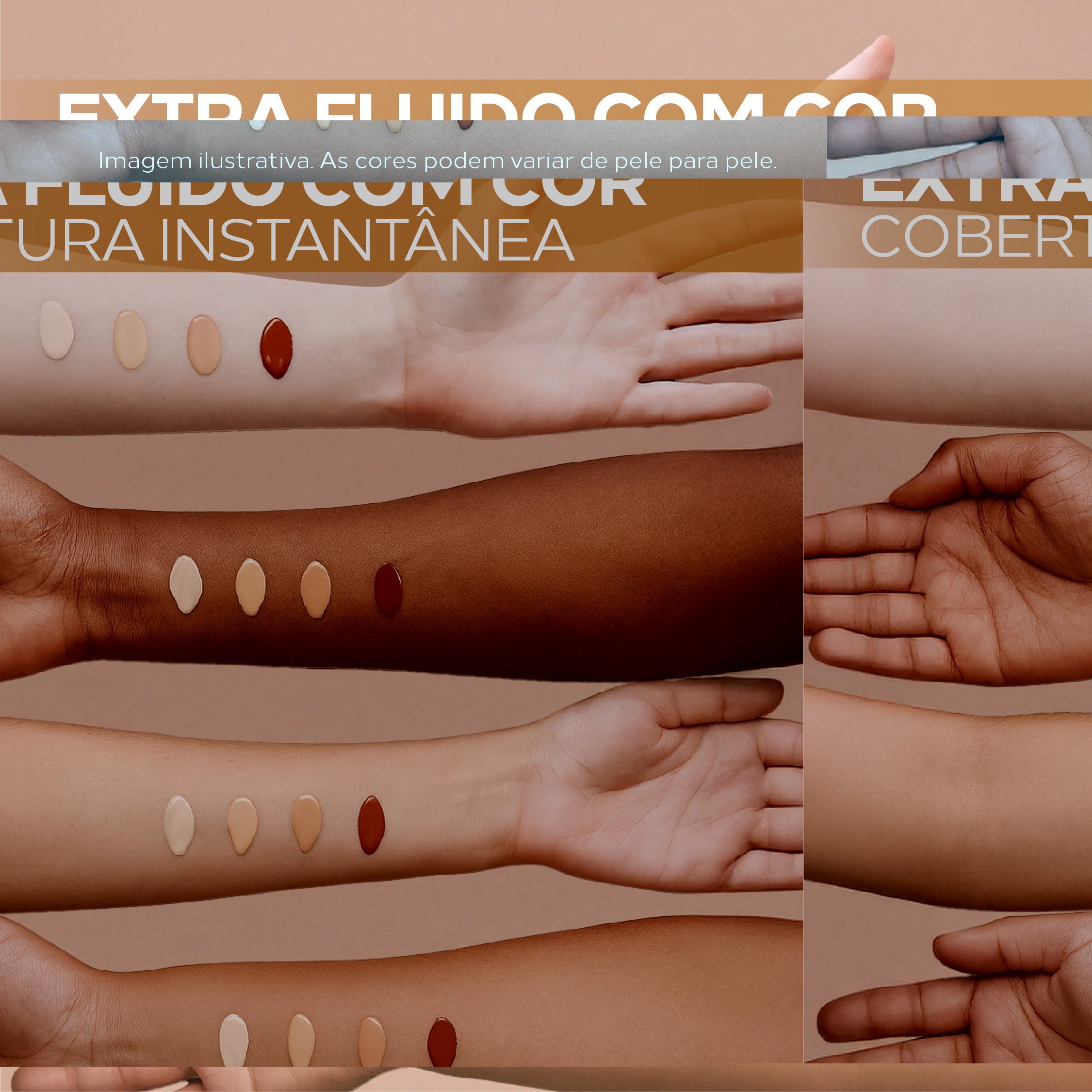 Swatches do protetor solar com cor Ada Tina Bio.Identique FPS 75 mostrando cobertura uniforme em diferentes tons de pele.