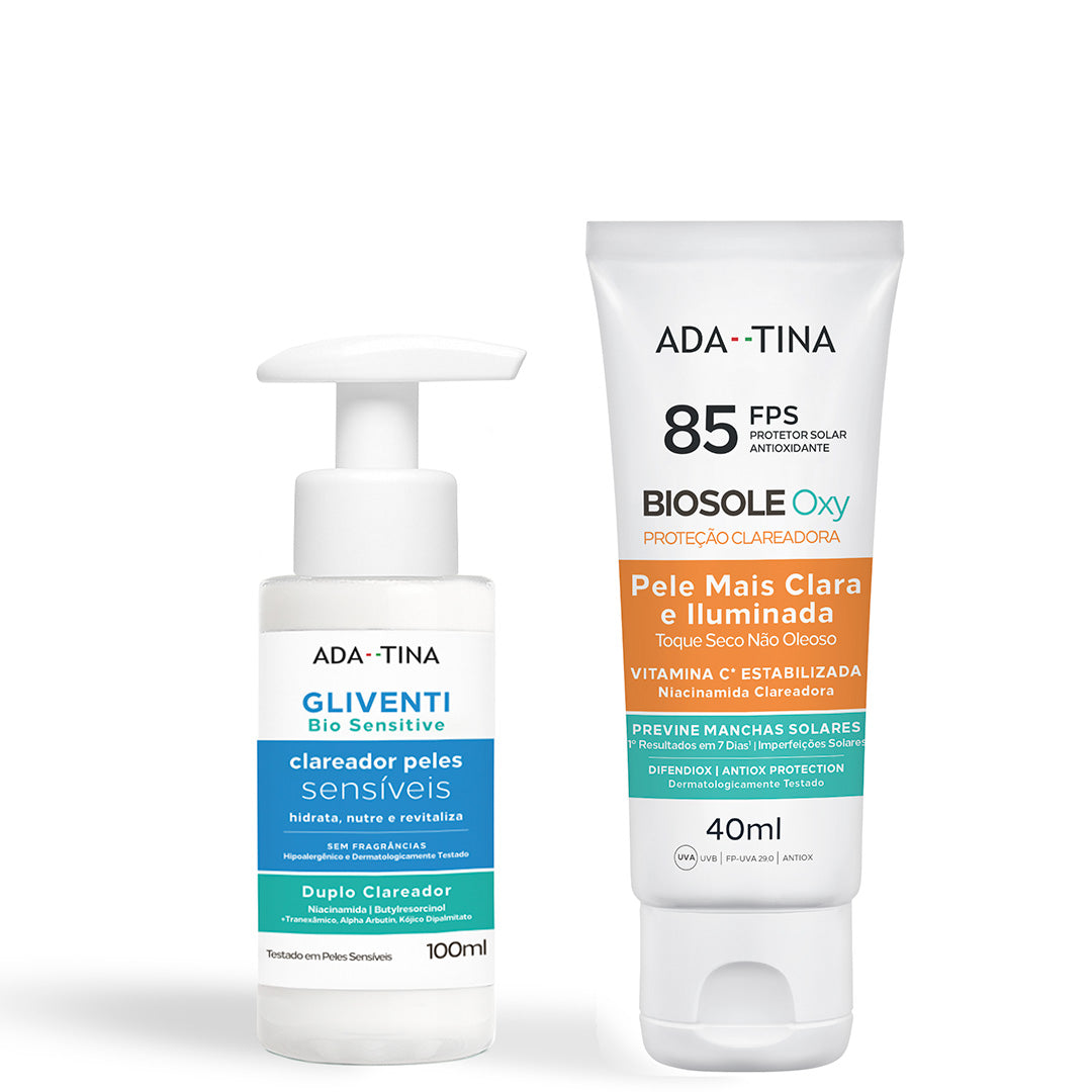 Kit Gliventi Bio Sensitive e Biosole Oxy FPS 85 para peles do rosto e corpo com manchas.