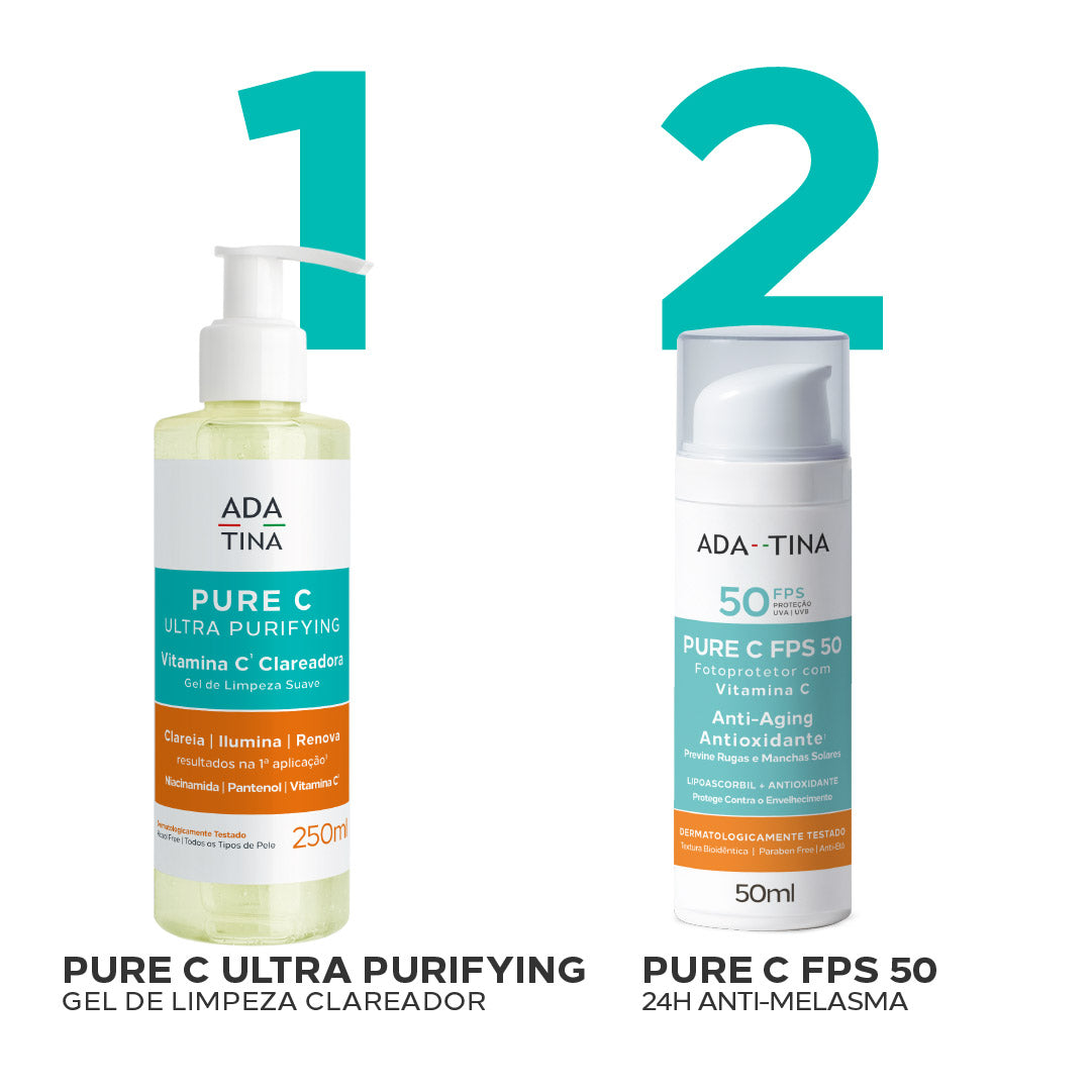 Rotina de clareamento com Pure C Ultra Purifying e Pure C FPS 50.