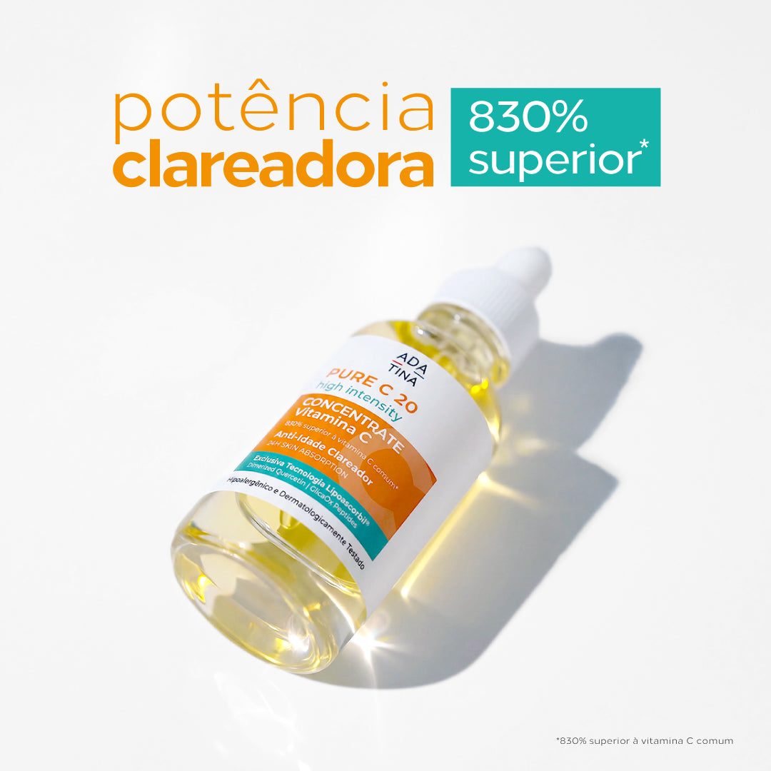 Vitamina C 830% mais potente, que clareia manchas, ilumina e melhora textura da pele.
