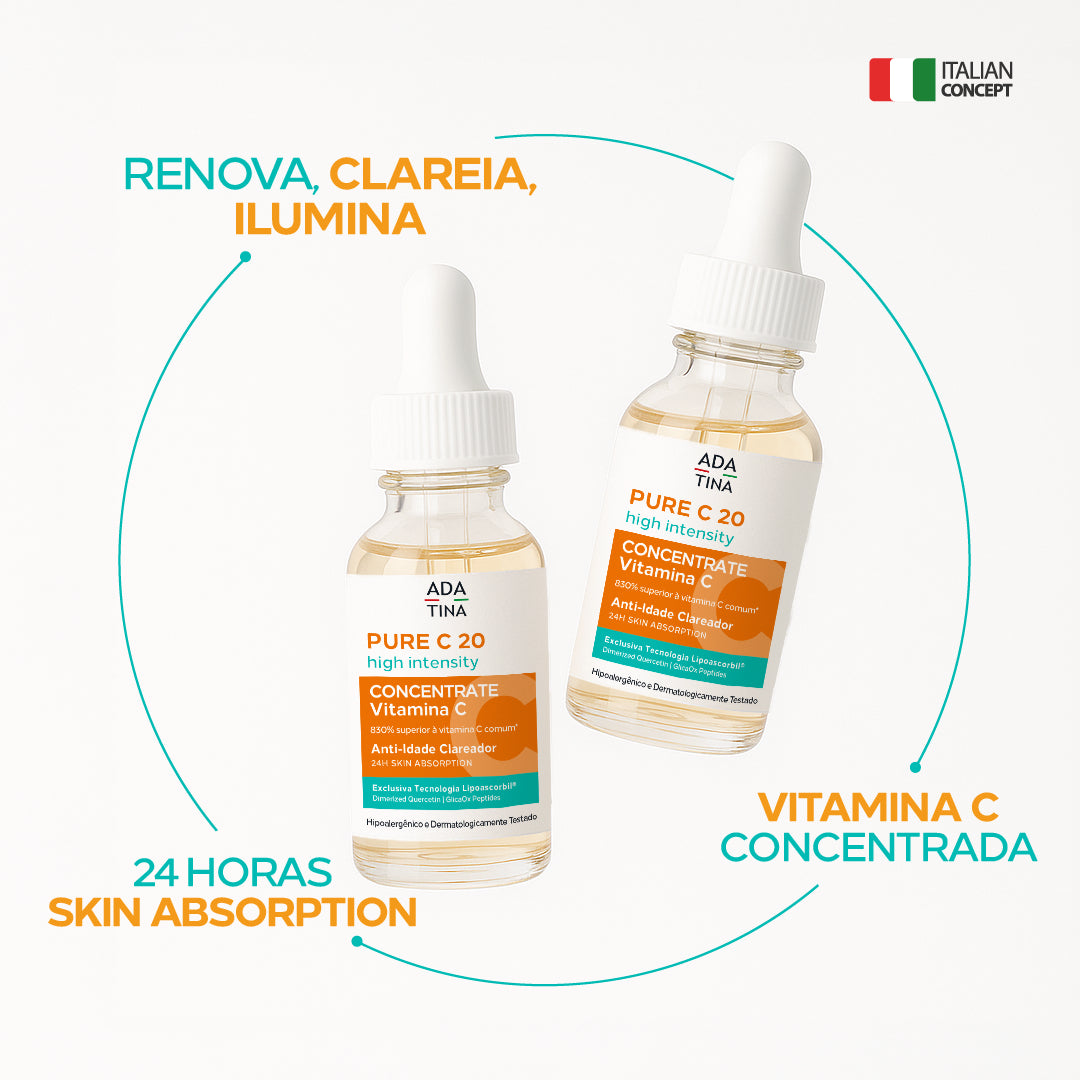 Pure C 20 High Intensity renova, ilumina e uniformiza a pele, com 24 horas de absorção cutânea.