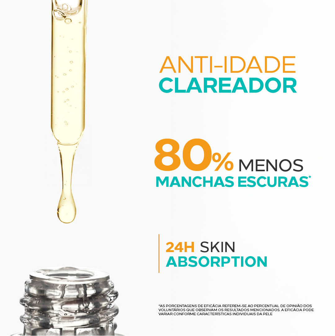 Tratamento anti-idade clareador que reduz manchas escuras com absorção prolongada por 24 horas.