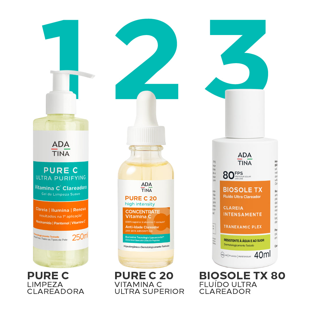 Rotina clareadora e anti-idade: Pure C Ultra Purifying, Pure C 20 High Intensity e Biosole TX FPS 80.