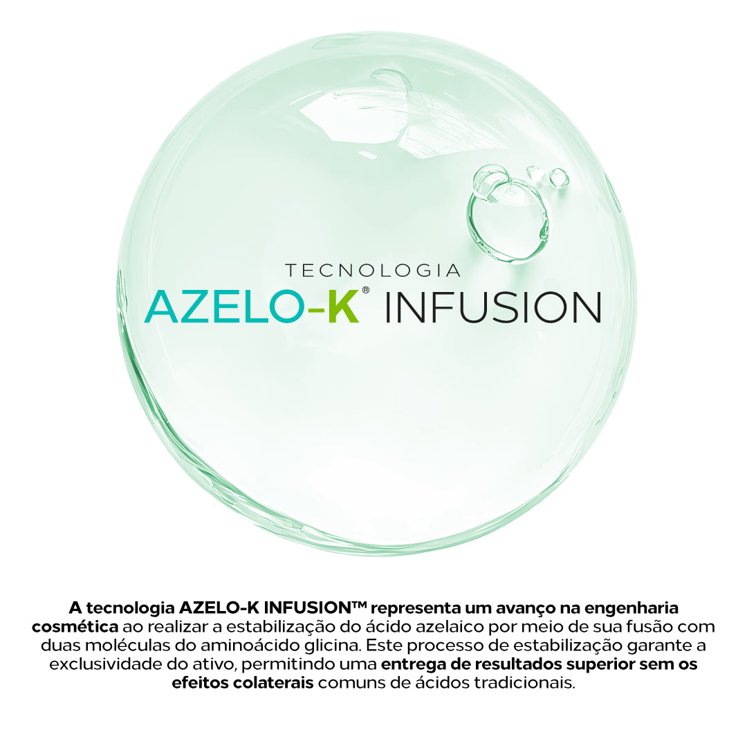 Tecnologia Azelo-K Infusion com ácido azelaico estabilizado para acne, controle de oleosidade e manchas.