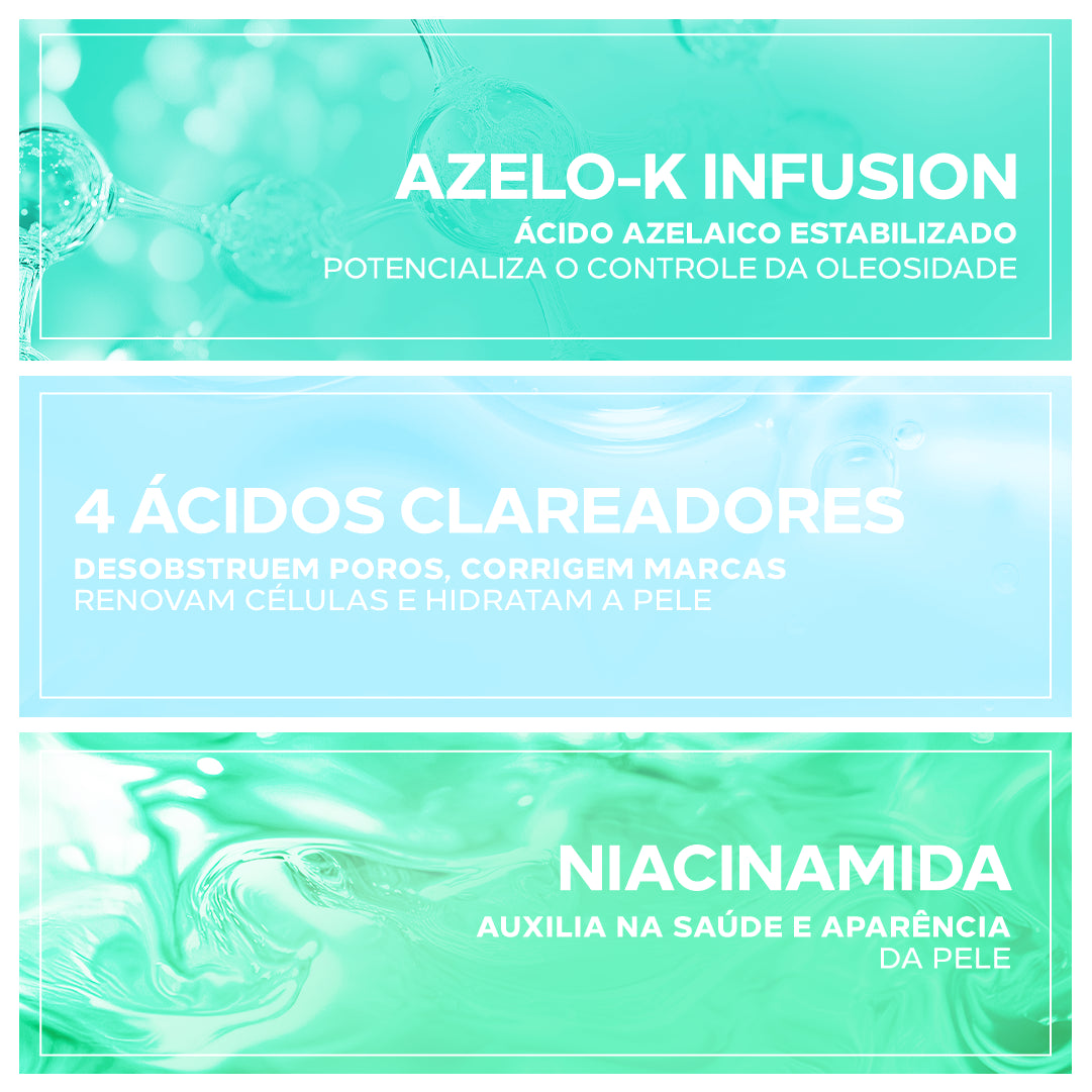 Ingredientes Azelabio Acne Correction: Ácido Azelaico stabilizado, Ácidos Clareadores e Niacinamida.