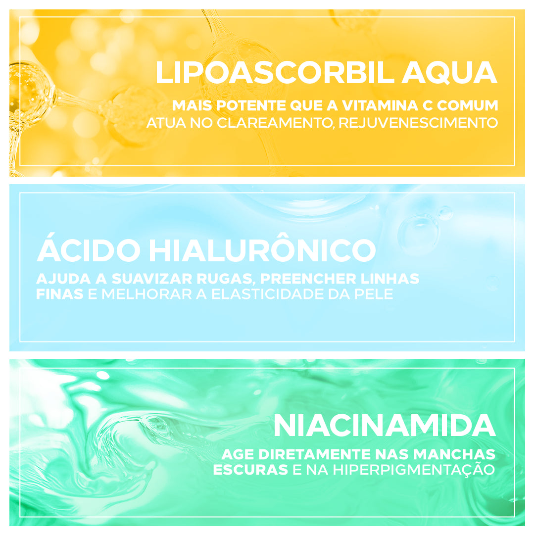Ingredientes Pure C Glow: Lipoascorbil Aqua, Ácido Hialurônico e Niacinamida.