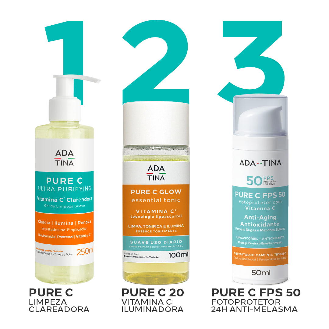Rotina clareadora e anti-idade: Pure C Ultra Purifying, Pure C Glow e Pure C FPS 50.
