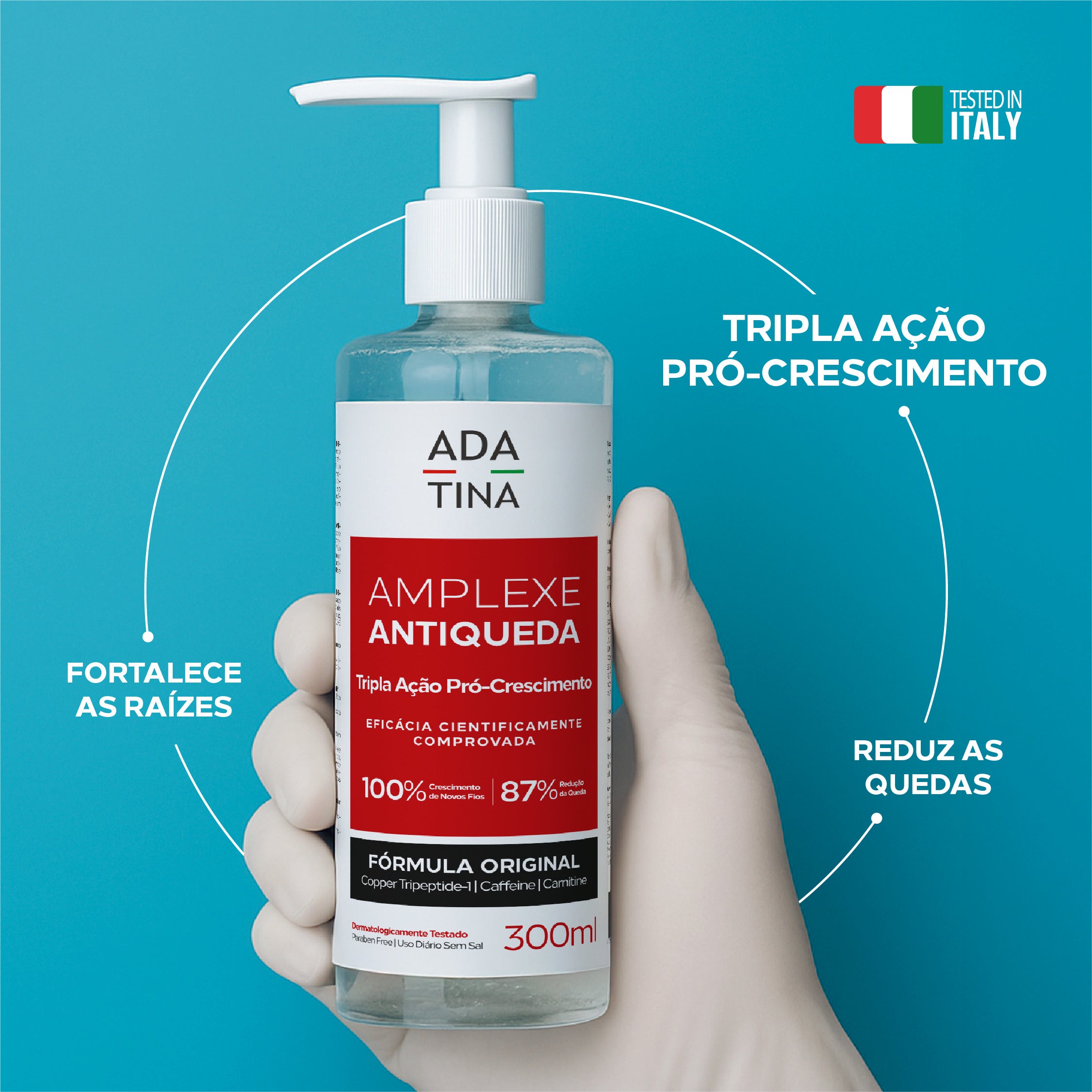Amplexe Antiqueda Ada Tina 300ml fortalece raízes, reduz quedas e estimula crescimento.