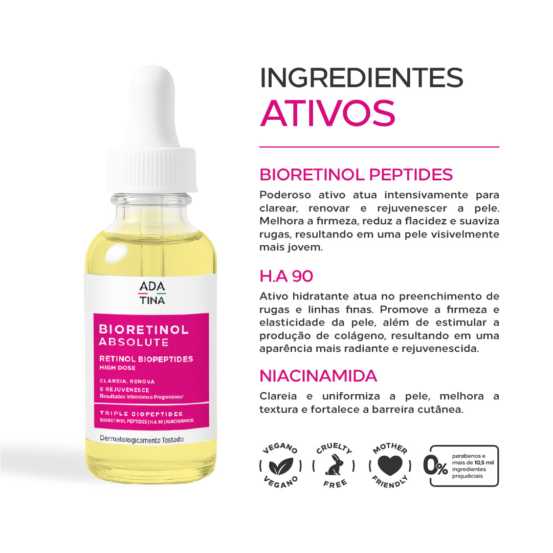 Ingredientes do Bioretinol Absolute: peptídeos de bioretinol, ácido hialurônico e niacinamida.