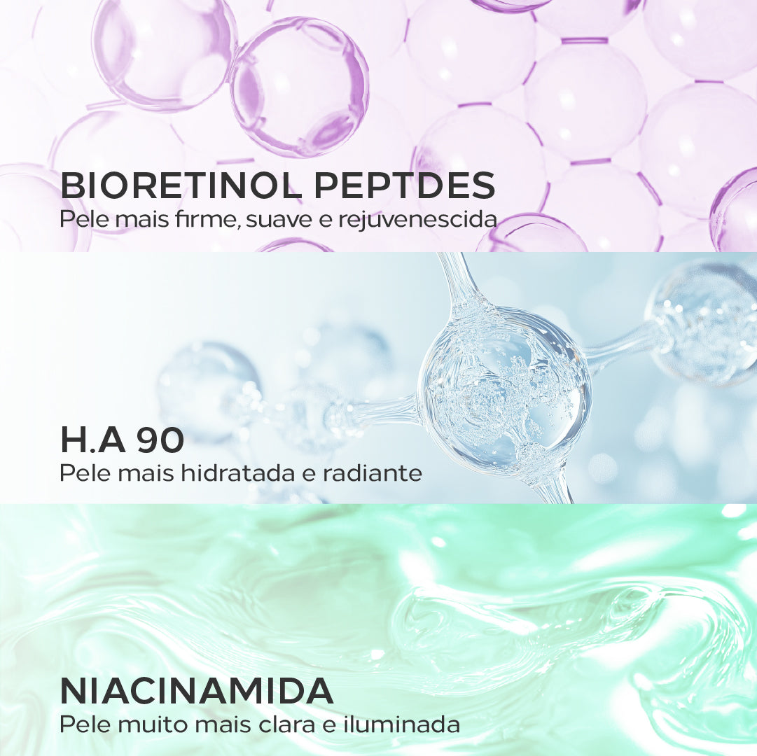Ingredientes do Bioretinol Absolute: peptídeos de bioretinol, ácido hialurônico e niacinamida.