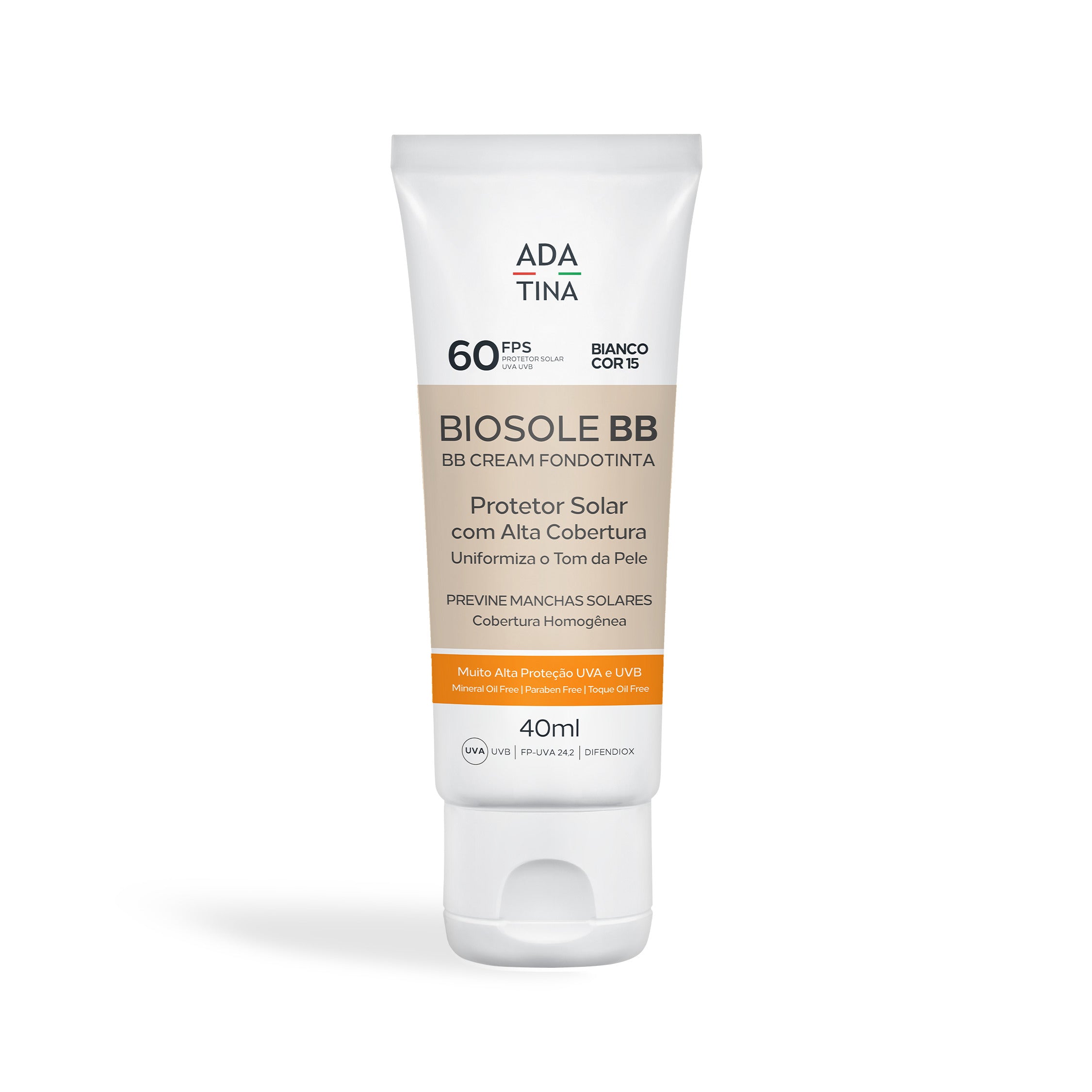 Protetor solar com cor Ada Tina Biosole BB Cream FPS 60 alta cobertura.