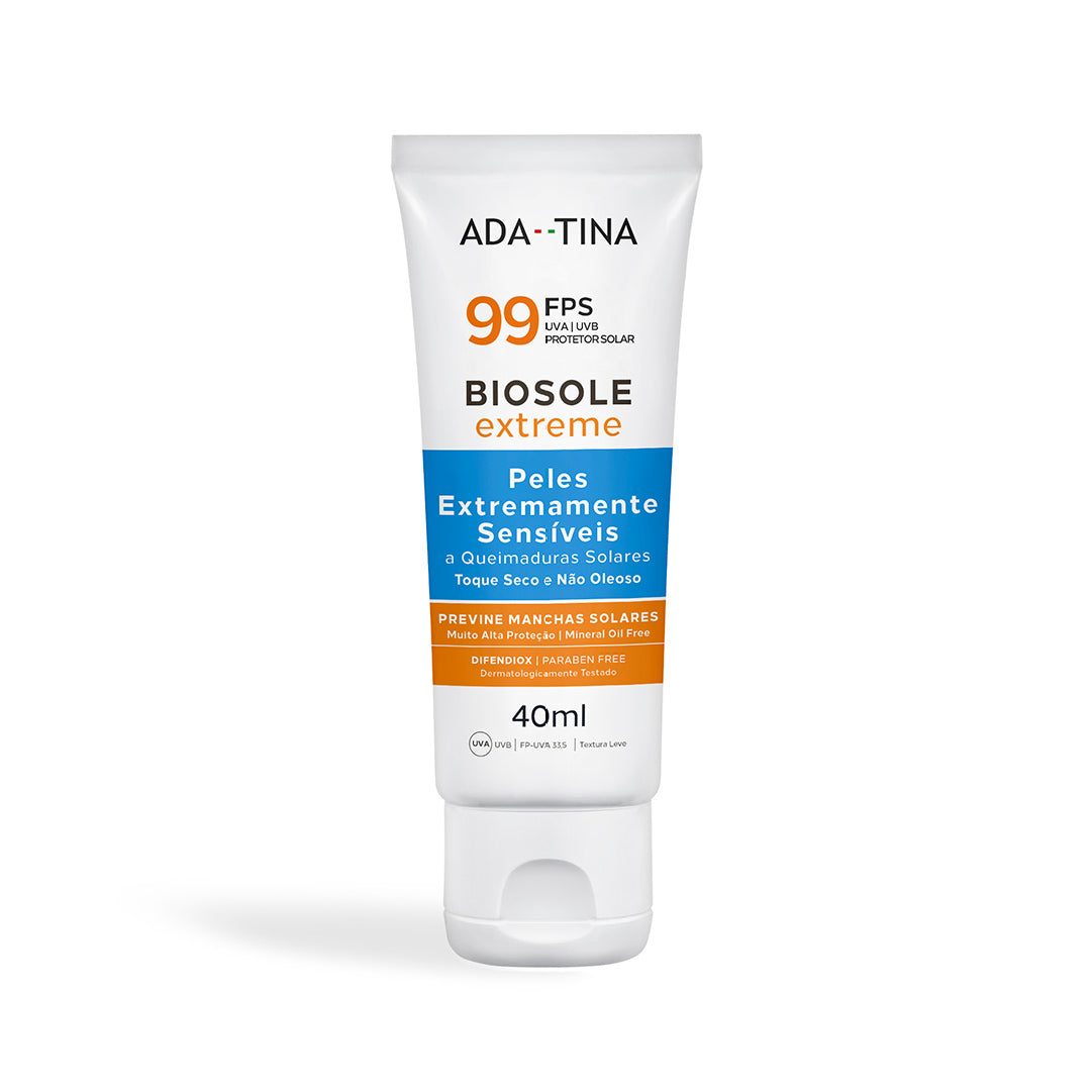 Protetor Solar Facial Biosole Extreme FPS 99 da Ada Tina, bisnaga de 40 ml para peles extremamente sensíveis, em fundo branco
