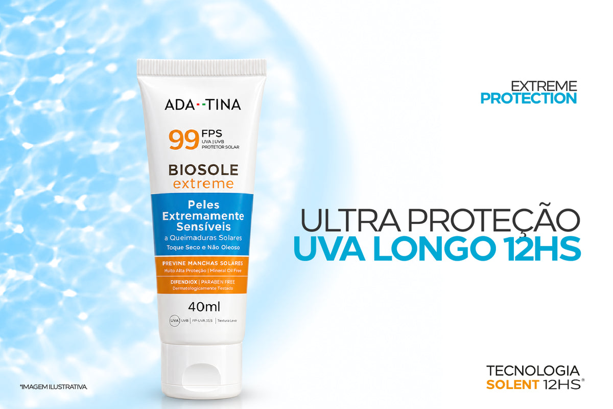 Banner horizontal do Biosole Extreme FPS 99 da Ada Tina com ultra proteção UVA longo e Tecnologia Solent® 12HS