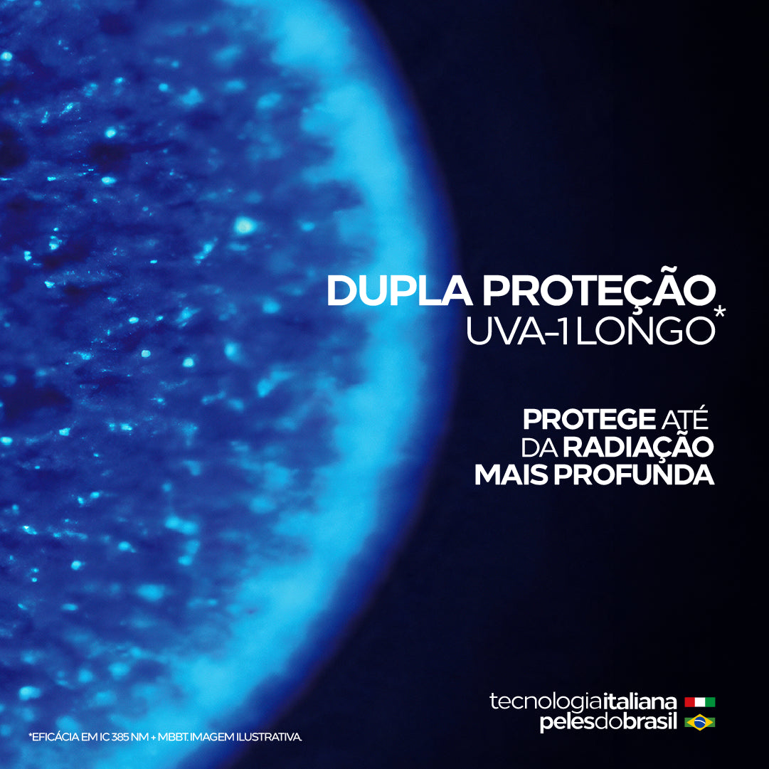 Arte da dupla proteção UVA-1 longo do Biosole Extreme FPS 99, com esfera azul representando a radiação solar