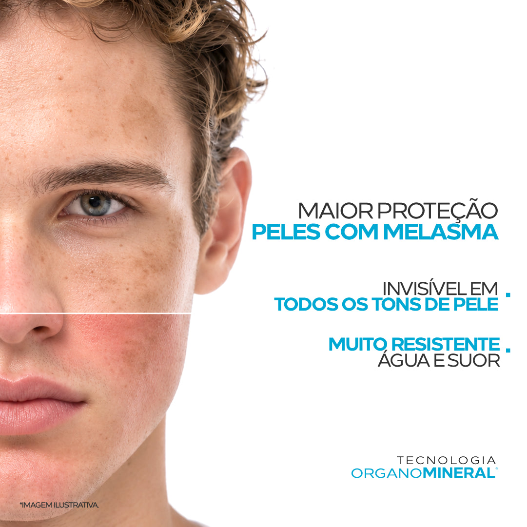 Rosto com manchas na pele e destaques do Biosole Extreme FPS 99: invisível em todos os tons de pele, resistente à água e ao suor, Tecnologia Organo Mineral®