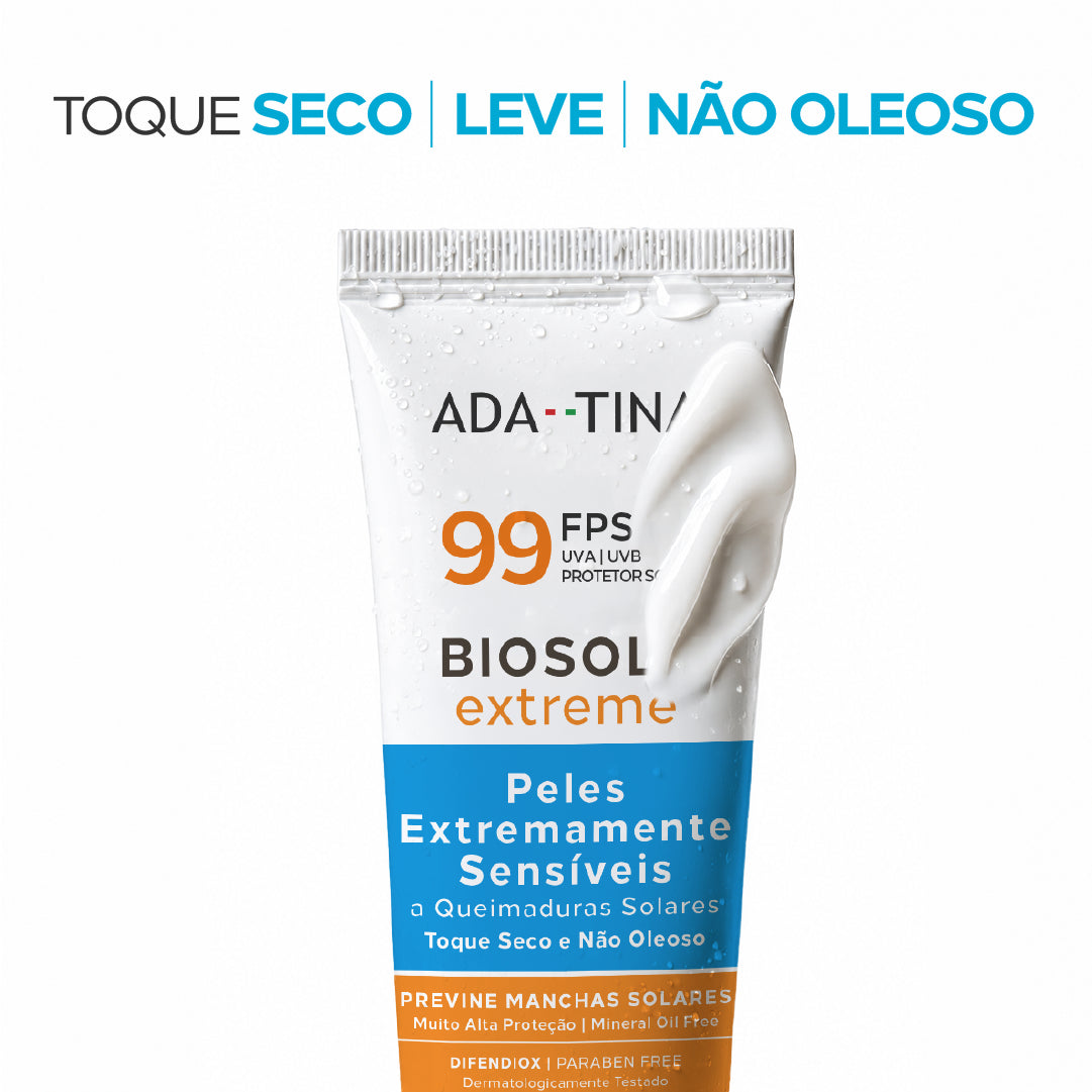 Bisnaga do Biosole Extreme FPS 99 com a textura em creme branco, de toque seco, leve e não oleoso
