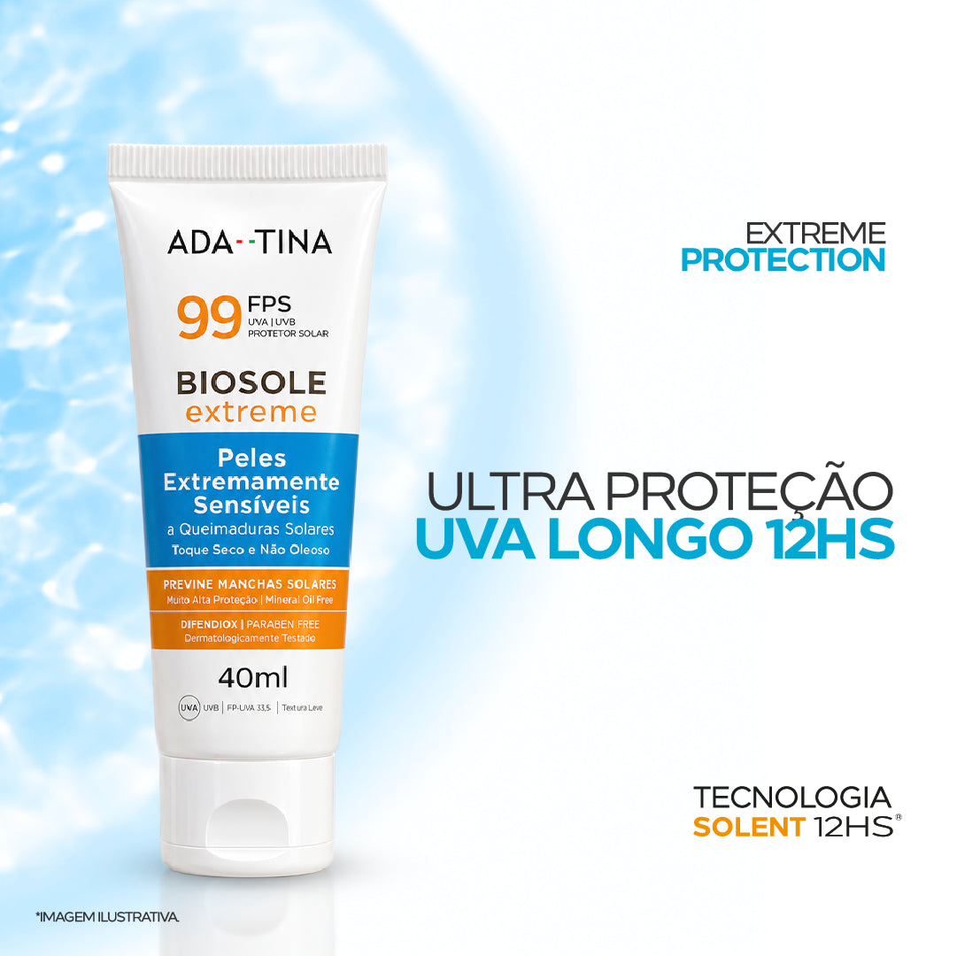 Bisnaga do Biosole Extreme FPS 99 da Ada Tina em fundo de água azul, com destaque para ultra proteção UVA longo e Tecnologia Solent® 12HS