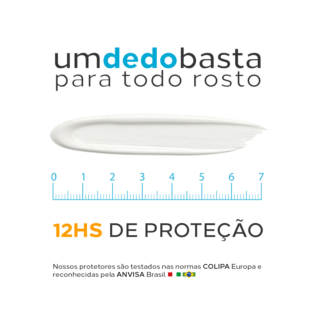 Quantidade de um dedo do Biosole Extreme FPS 99 sobre uma régua, a dose para todo o rosto, com Tecnologia Solent® 12HS