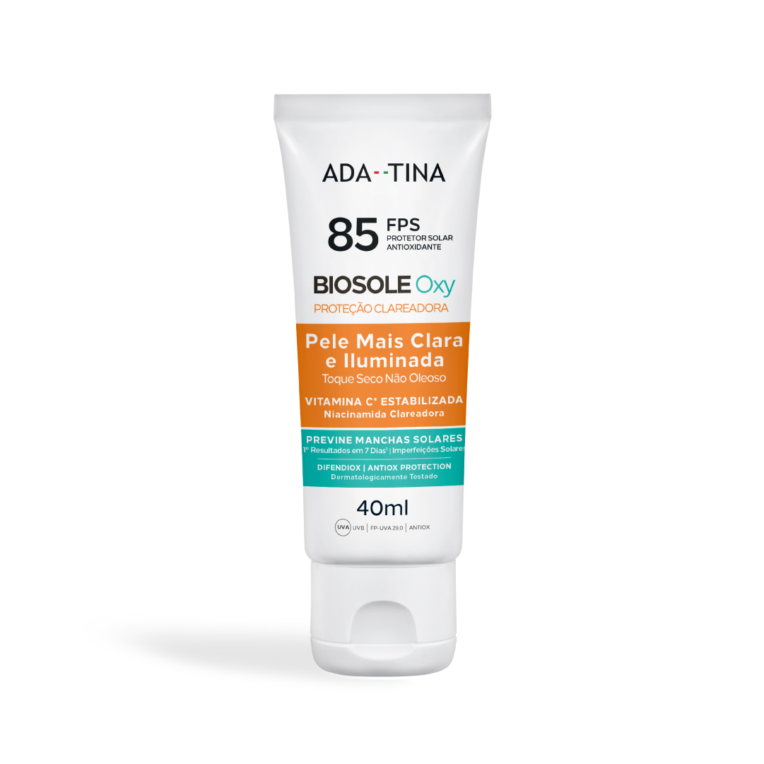 Biosole Oxy FPS 85 Ada Tina, protetor solar facial clareador em bisnaga de 40 ml, em fundo branco