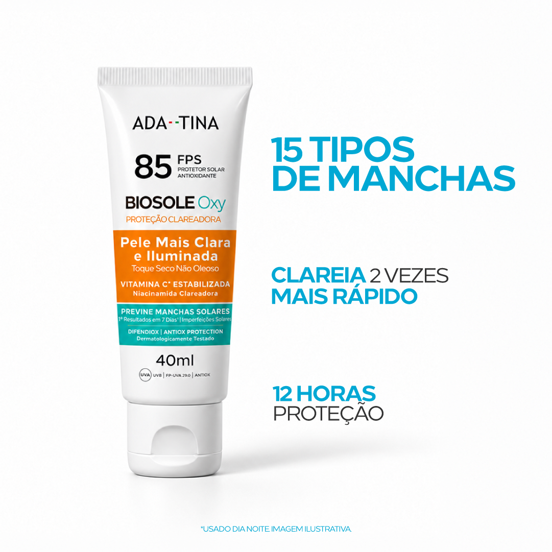 Bisnaga do Biosole Oxy FPS 85 ao lado dos destaques 15 tipos de manchas e 12 horas de fotoestabilidade
