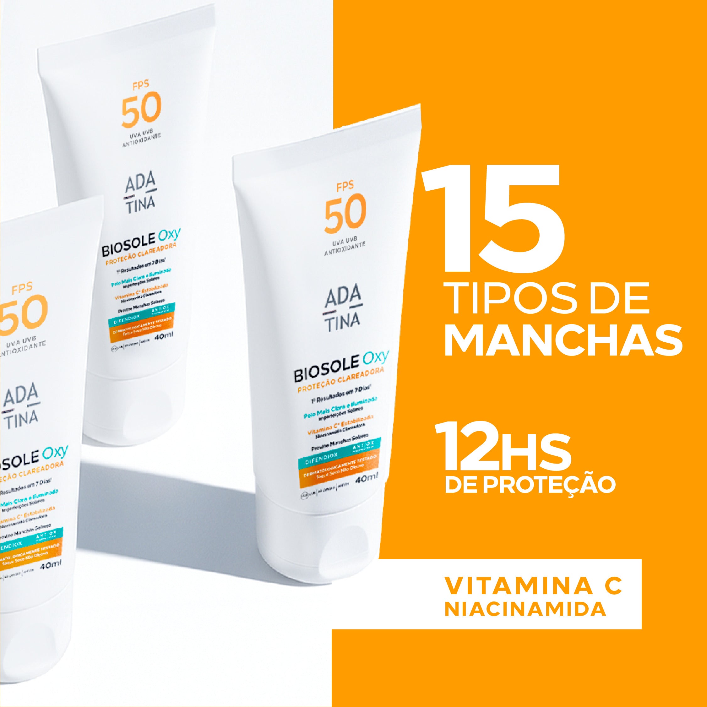 Biosole Oxy FPS 50 clareador com 12h de proteção e ação contra 15 tipos de manchas.