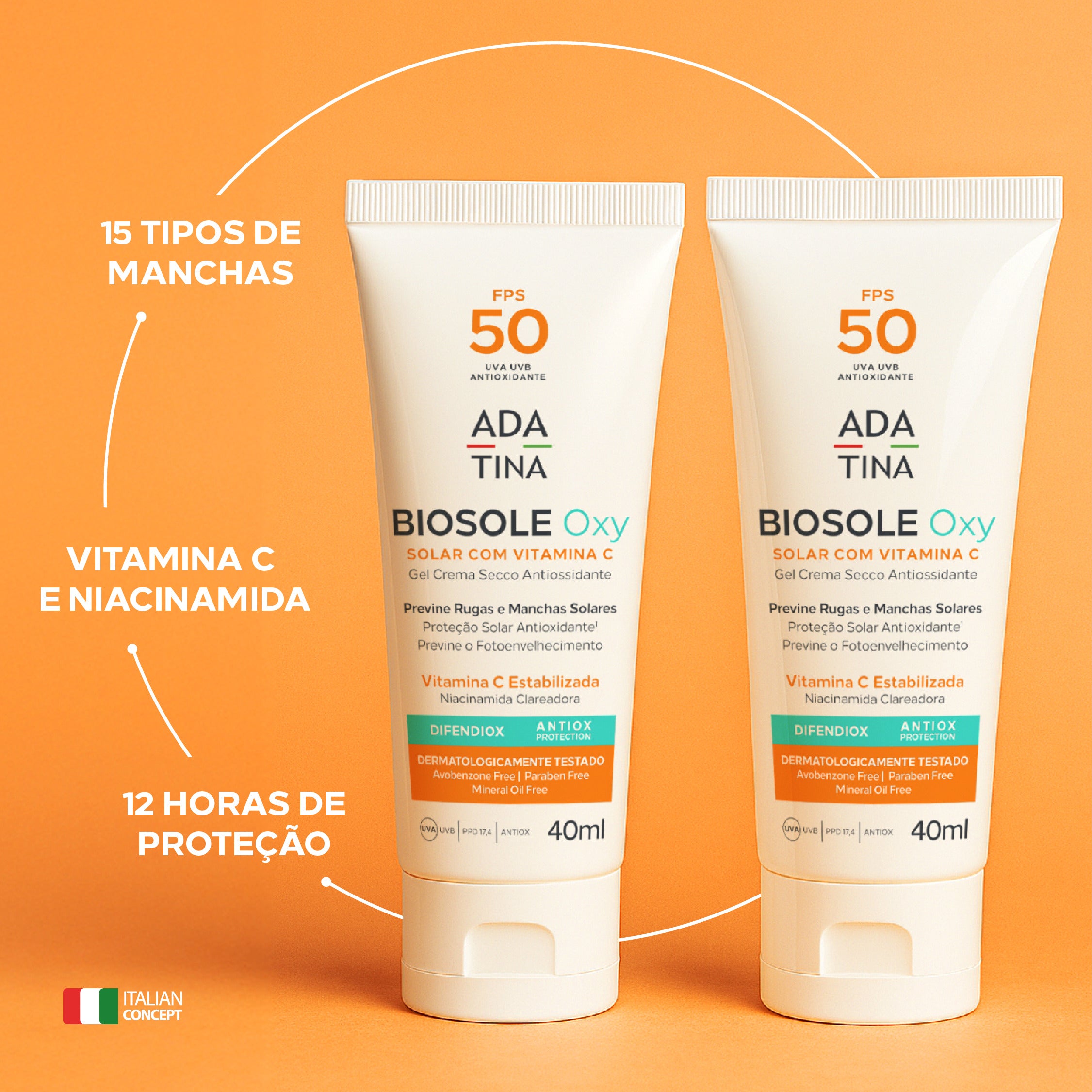 Biosole Oxy FPS 50 clareia 15 tipos de manchas, protege a pele por 12 horas com vitamina C e niacinamida.
