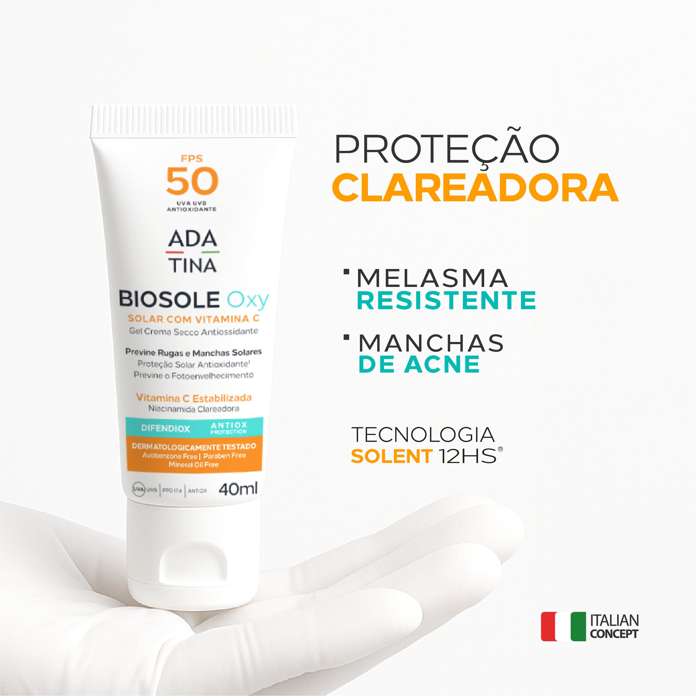 Biosole Oxy FPS 50 clareador com tecnologia Solent 12h para melasma resistente e manchas de acne.
