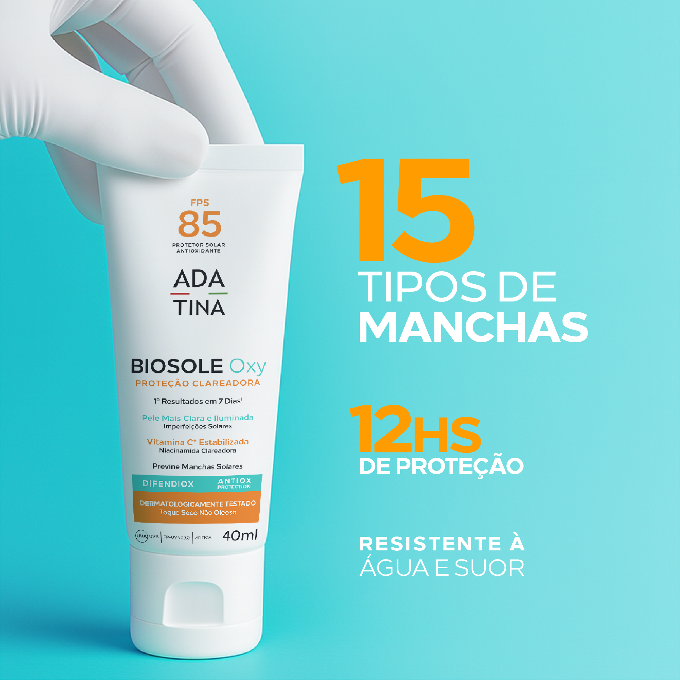 Biosole Oxy FPS 85 protege contra 15 tipos de manchas com ação clareadora e longa duração.