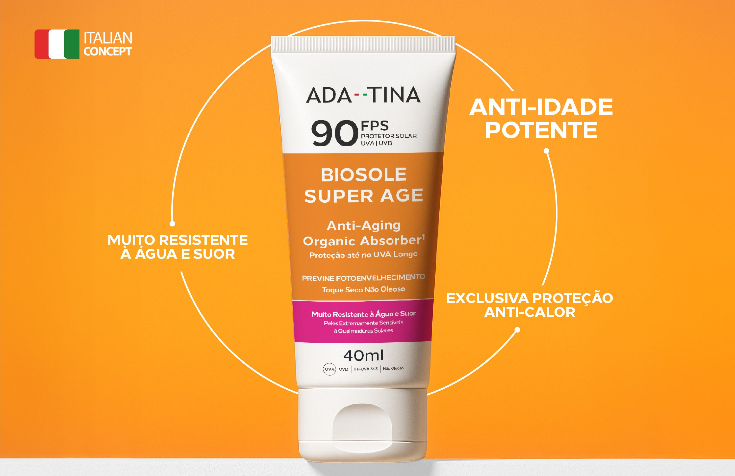 Protetor solar Ada Tina Biosole Super Age FPS 90, resistente à água e anti-calor.