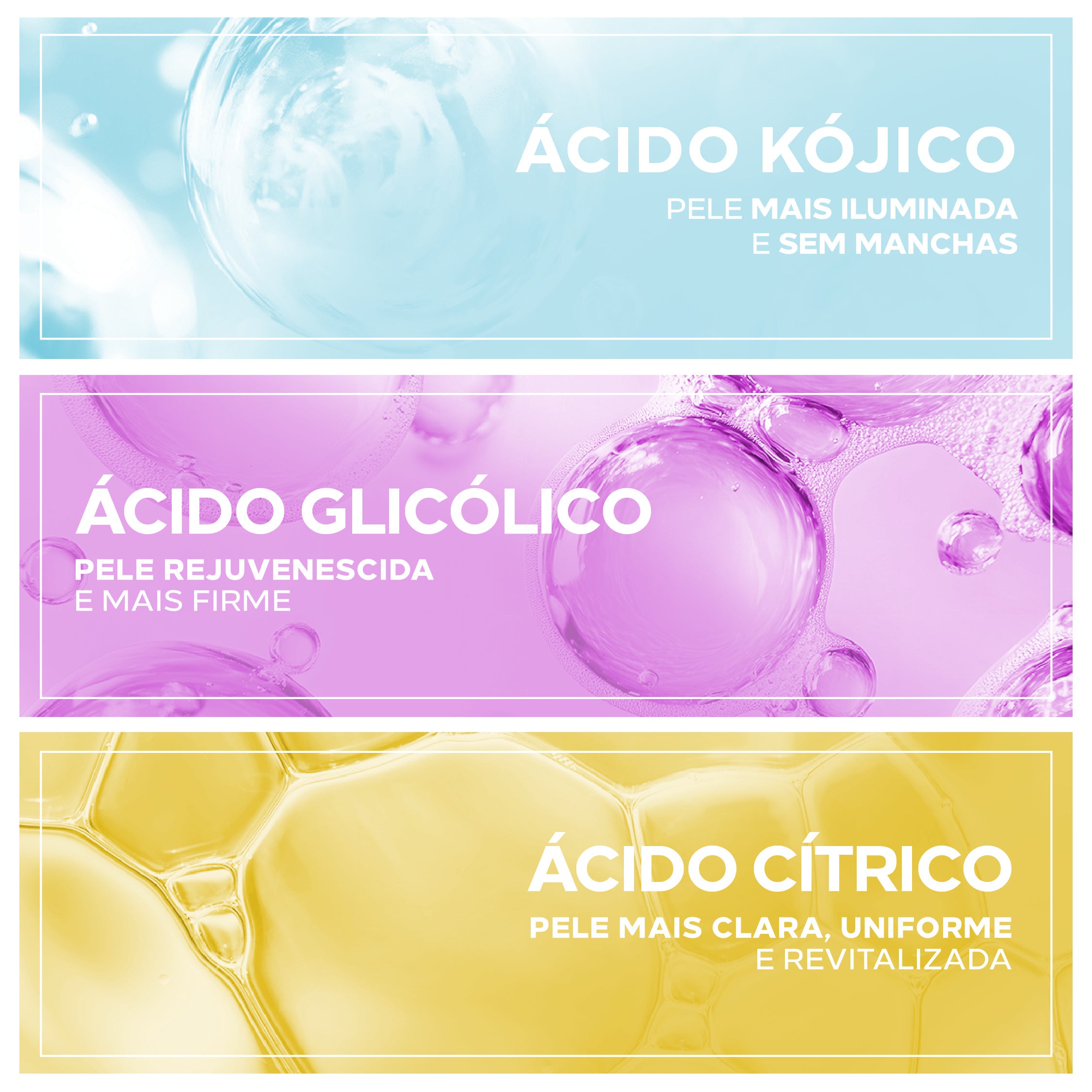 Ácidos clareadores Clarivis High Potency: kójico, glicólico e cítrico.