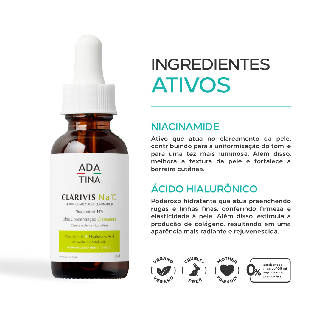 Ingredientes do sérum Clarivis Nia 10: niacinamida e ácido hialurônico.