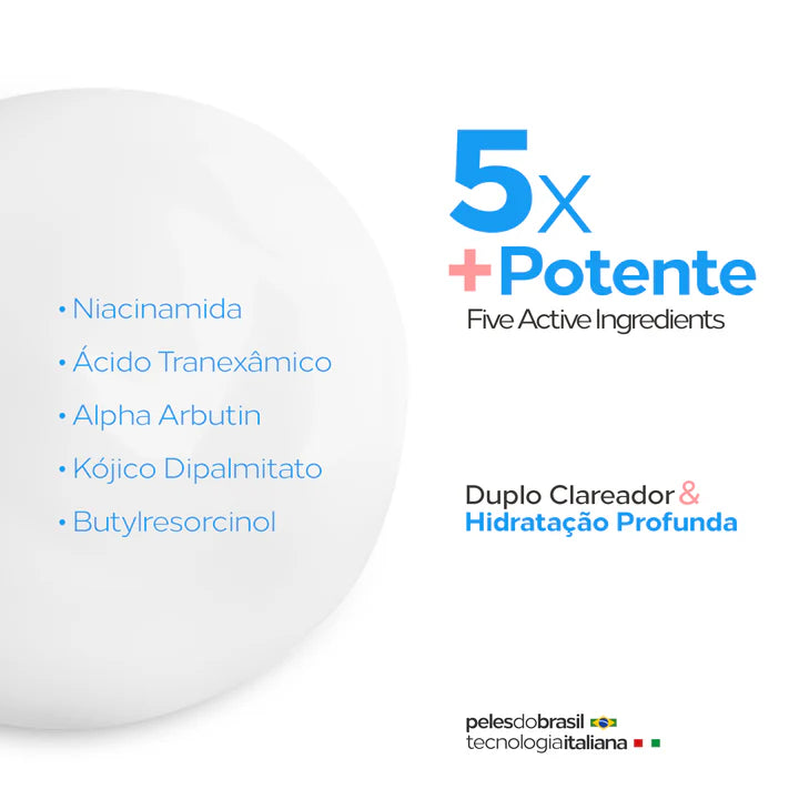 5x mais potente que um hidratante comum, com dupla ação clareadora e hidratação profunda.
