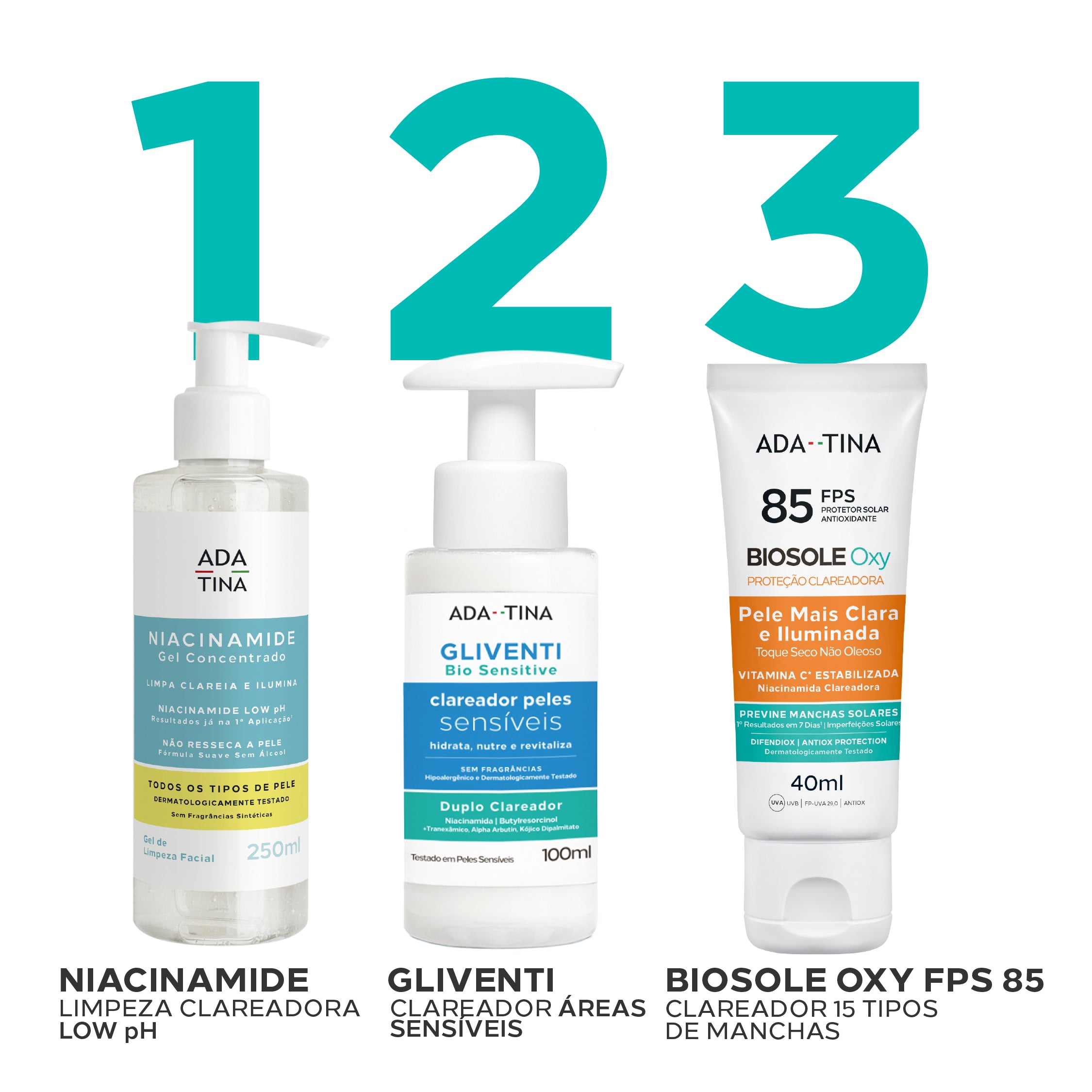Rotina clareadora com Niacinamide gel de limpeza, Gliventi Bio Sensitive e Biosole Oxy FPS 85.