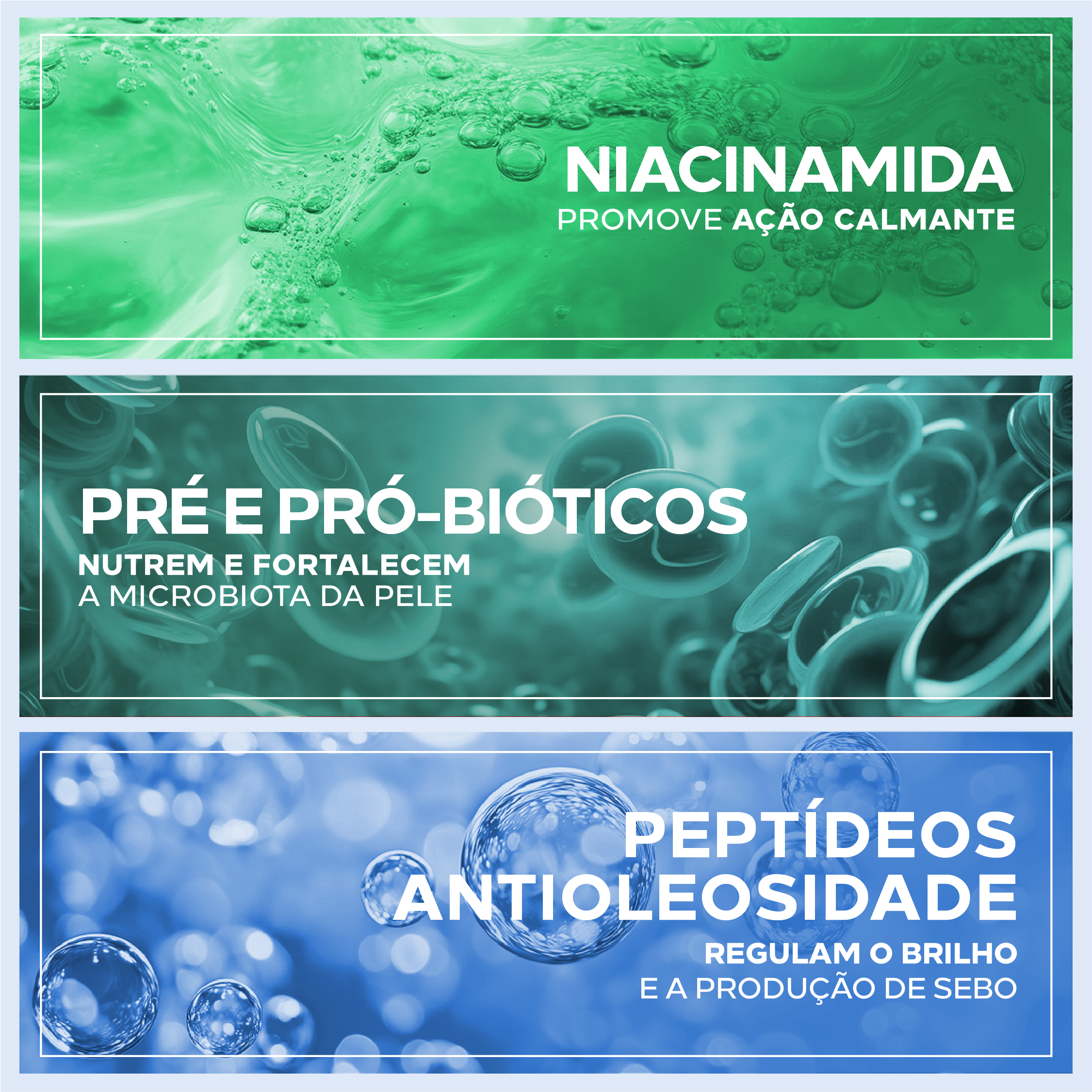 Ingredientes do Depore Ultra Biotic Cleanser: niacinamida, pré e pró-bióticos e peptídeos.