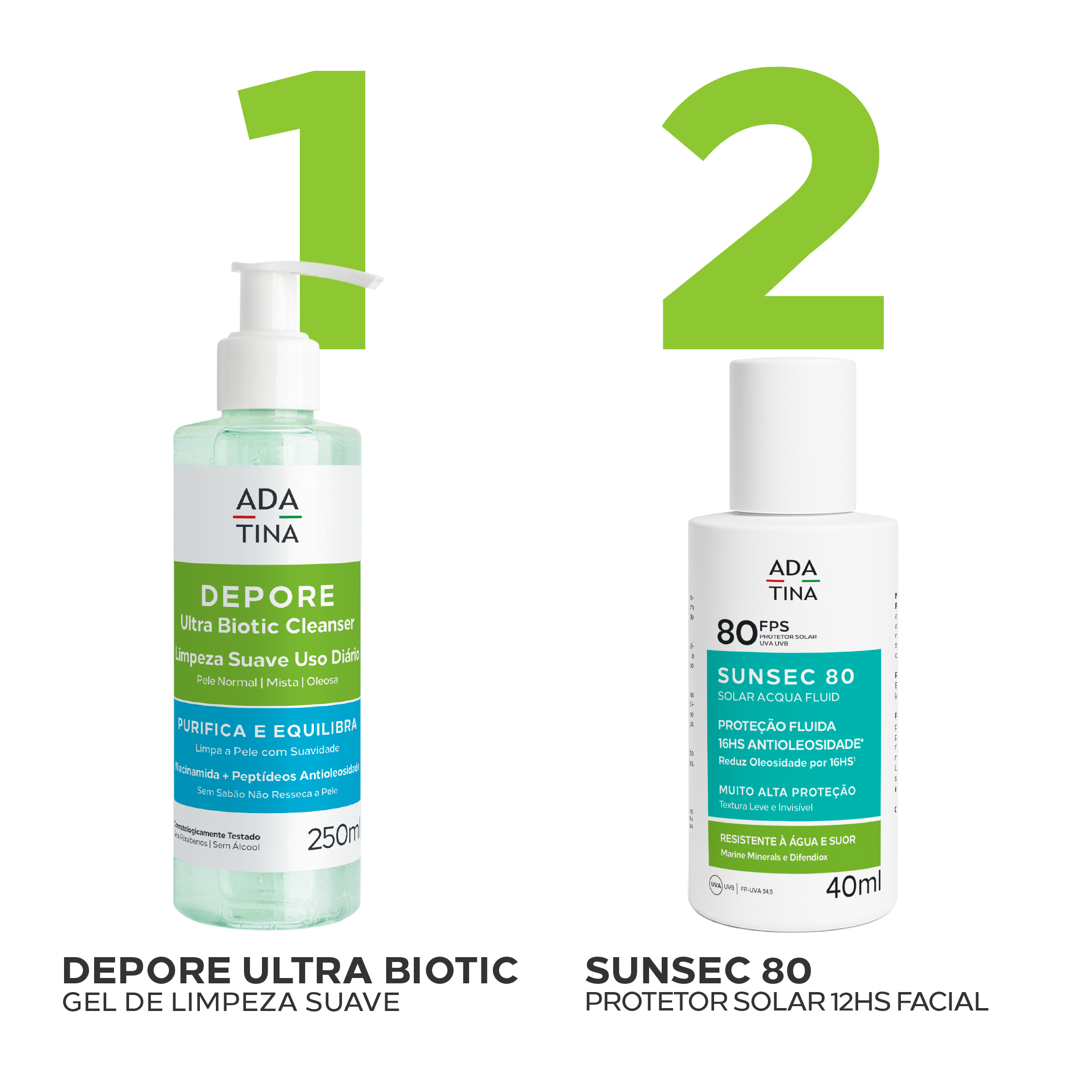 Rotina antioleosidade Ada Tina com Depore Ultra Bionic Cleanser e Sunsec Aqua Fluid FPS 80.