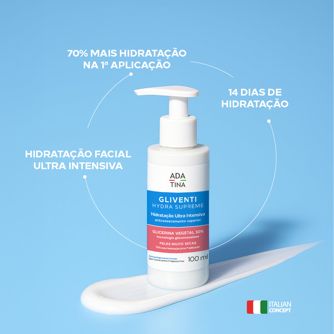 Hidratante hydra supreme da linha Gliventi para peles secas, 70% mais hidratação desde a primeira aplicação. 