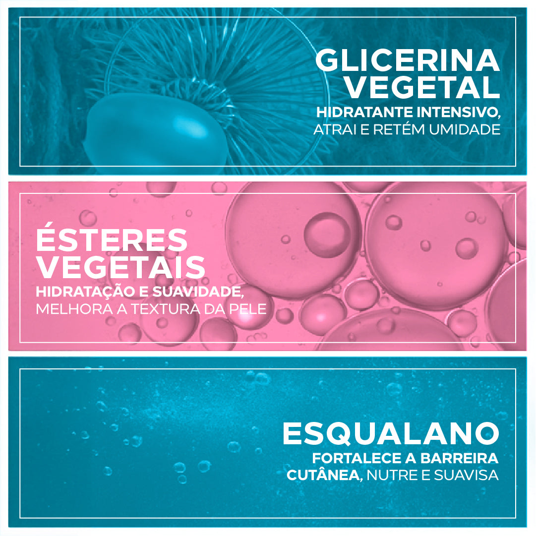 Ingredientes do Hydra Supreme da linha Gliventi: glicerina vegetal, ésteres vegetais e esqualano.