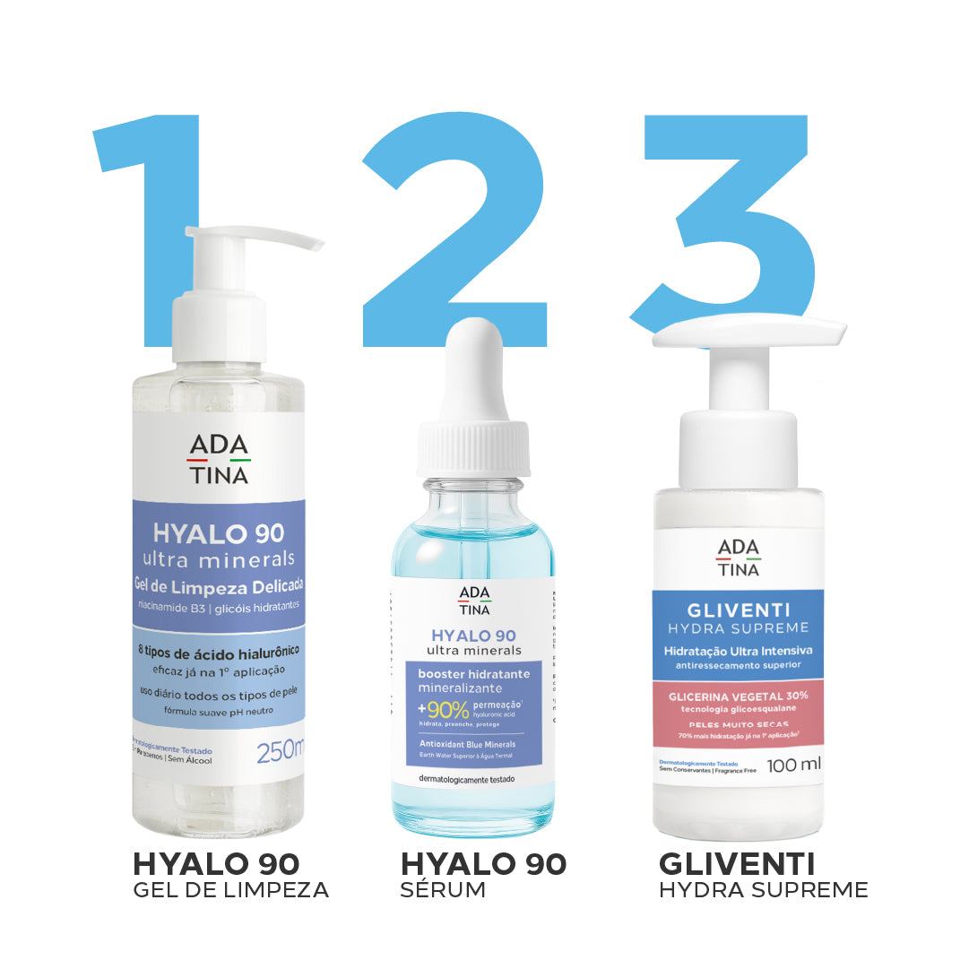 Rotina hidratante Ada Tina com Hyalo 90 (gel de limpeza e sérum) e Hydra Supreme Gliventi.