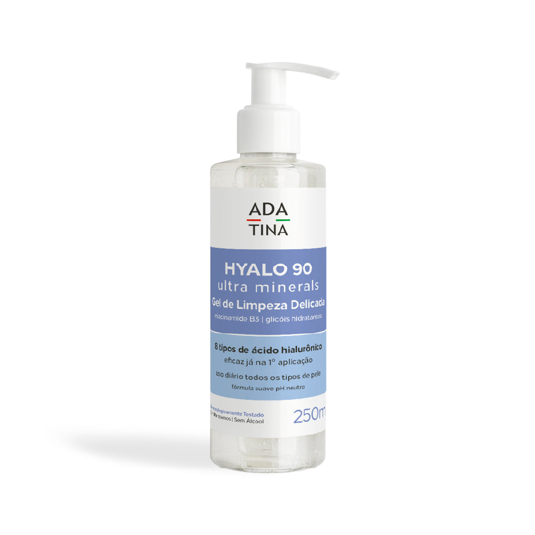 Gel de limpeza Hyalo 90 para uma limpeza delicada, com 8 tipos de ácido hialurônico.