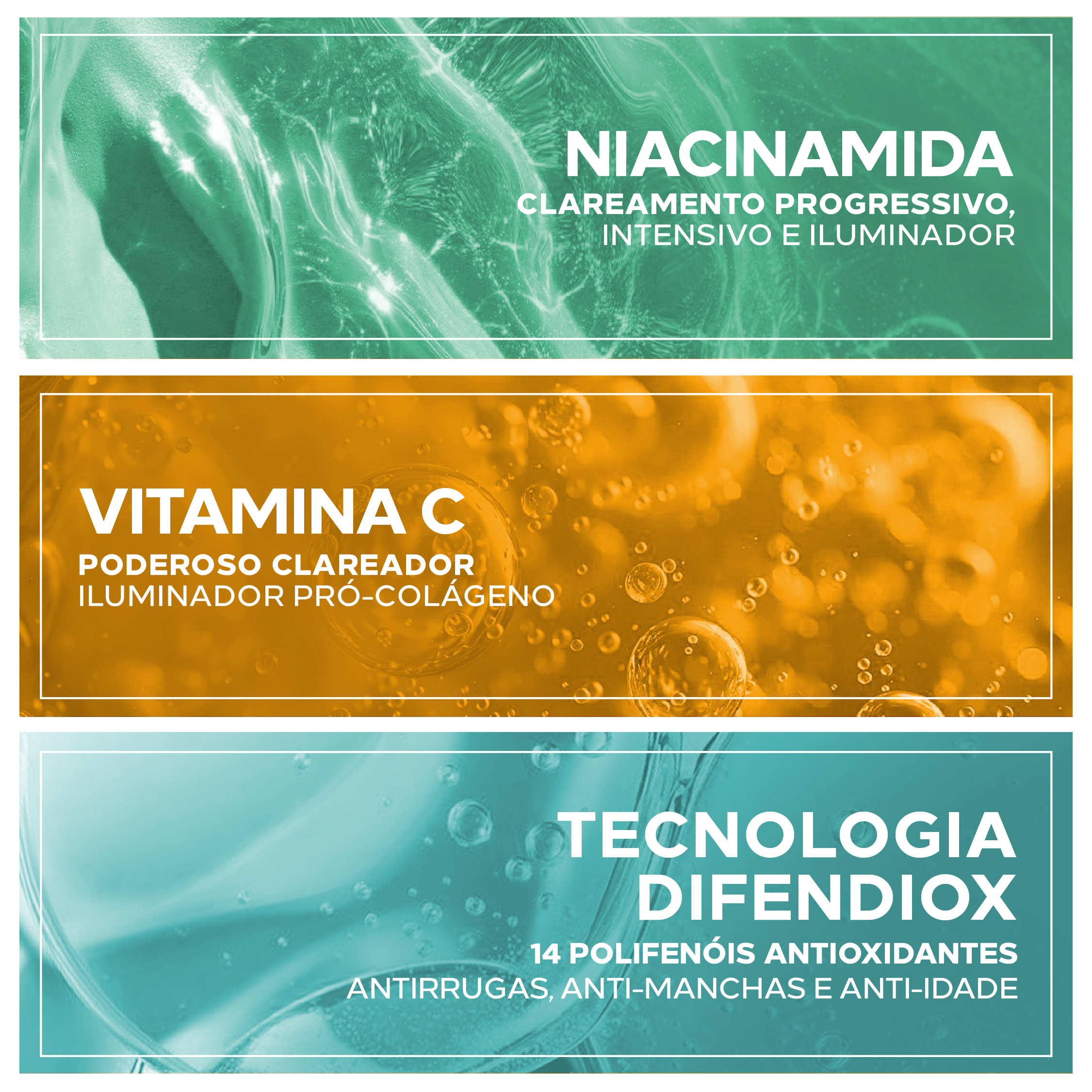 Ingredientes do Biosole C FPS 50: vitamina C, niacinamida e Difendiox.