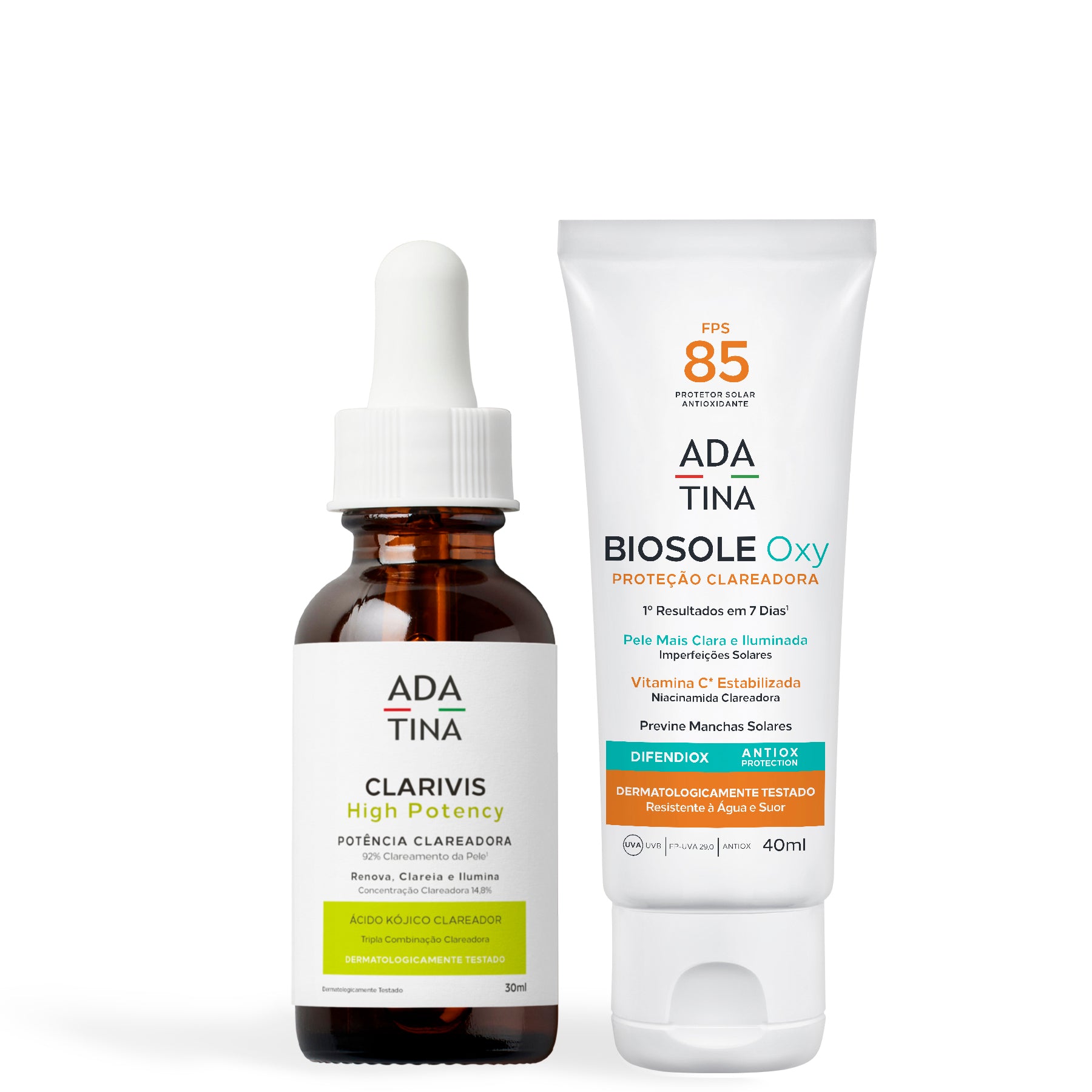 Kit clareador de alta potência com sérum Clarivis High Potency e protetor solar Biosole Oxy FPS 85.