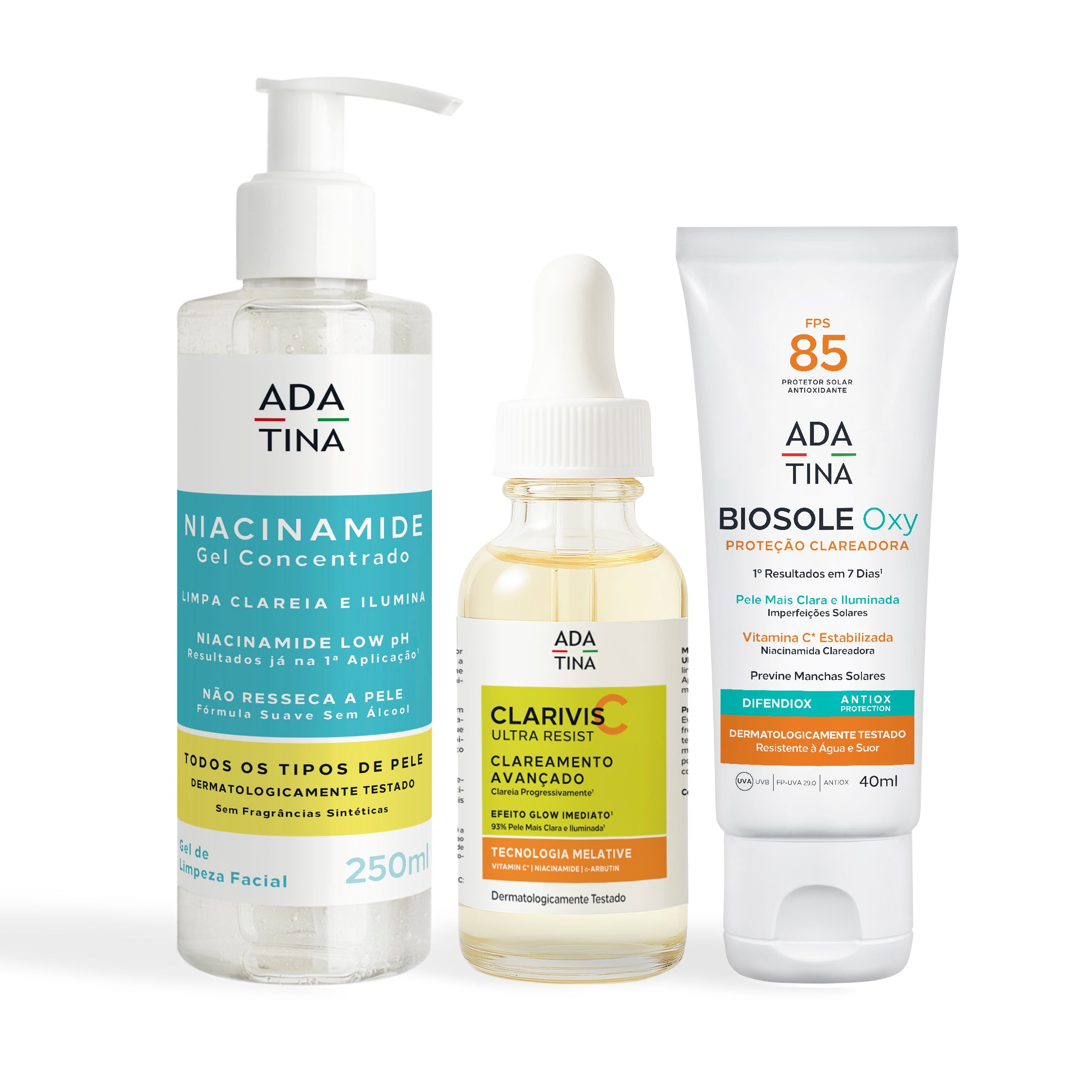 Kit Clareador para Melasma Ada Tina com gel de limpeza Niacinamide, Clarivis C Ultra Resist, Biosole Oxy FPS 85.