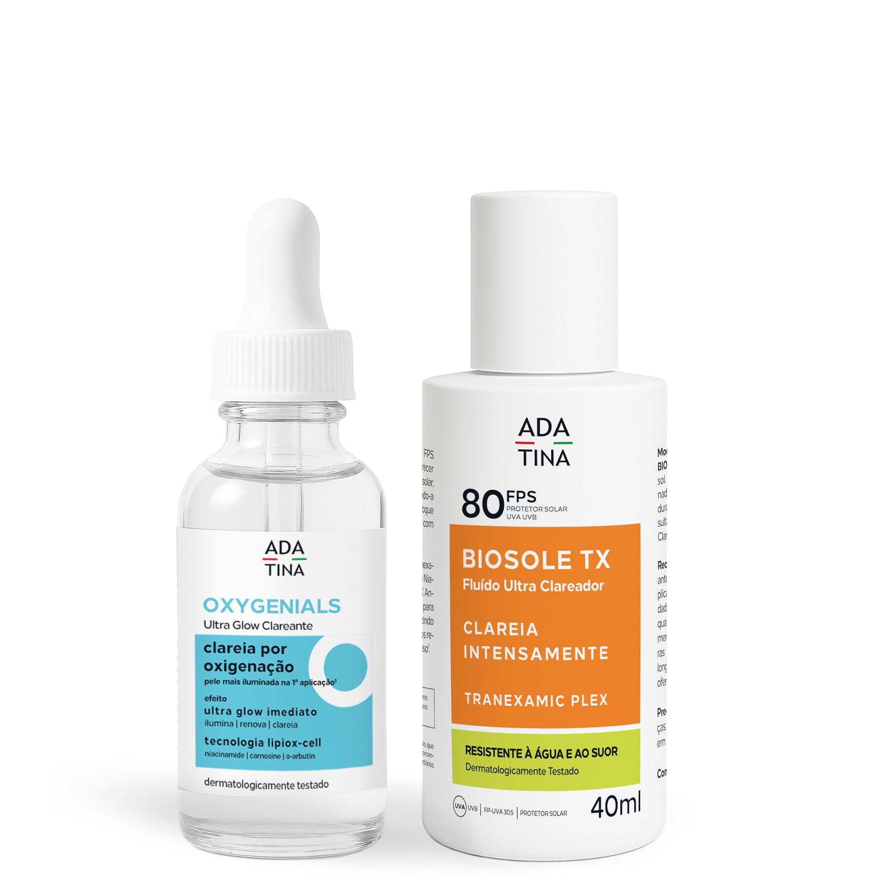 Kit de clareamento e proteção com sérum Oxygenials Ultra Glow Clareante e protetor solar Biosole TX FPS 80.