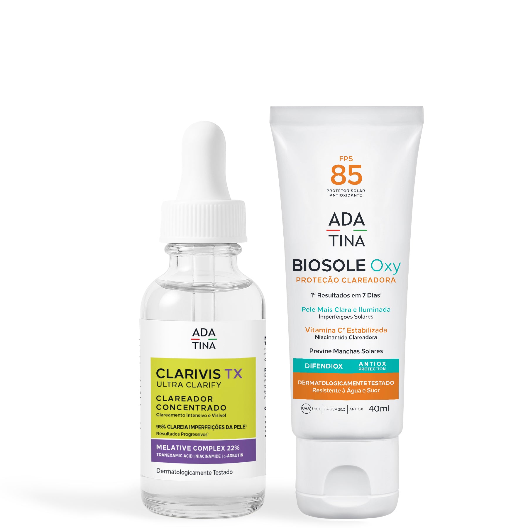 Kit clareador para peles com melasma e manchas, com os produtos Clarivis TX Ultra Clarify e Biosole Oxy FPS 85. 