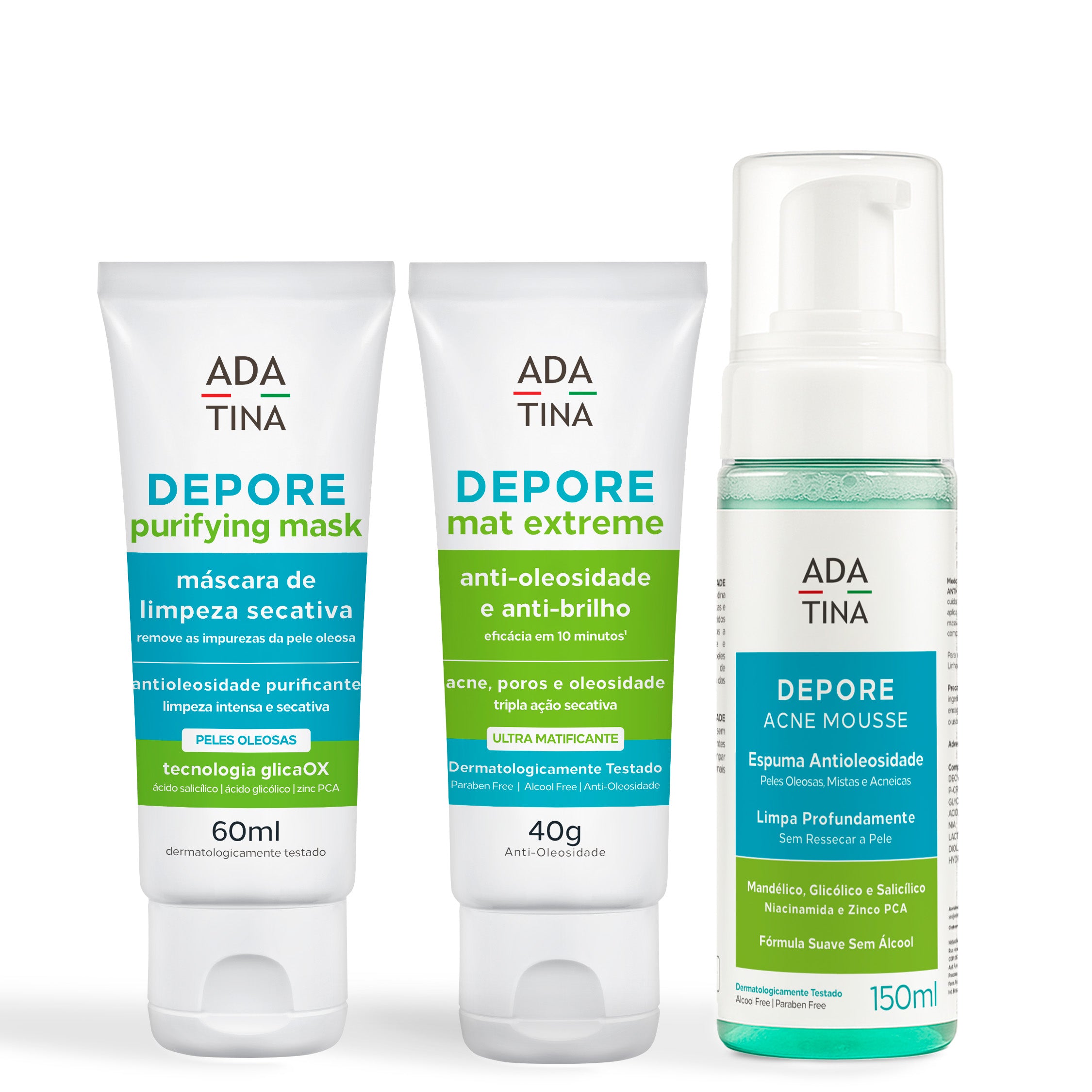 Kit espuma, máscara e hidratante peles oleosas linha depore Ada Tina anti-oleosidade e anti-brilho com niacinamida, ácidos mandélico, glicólico e salicílico e zinco PCA.