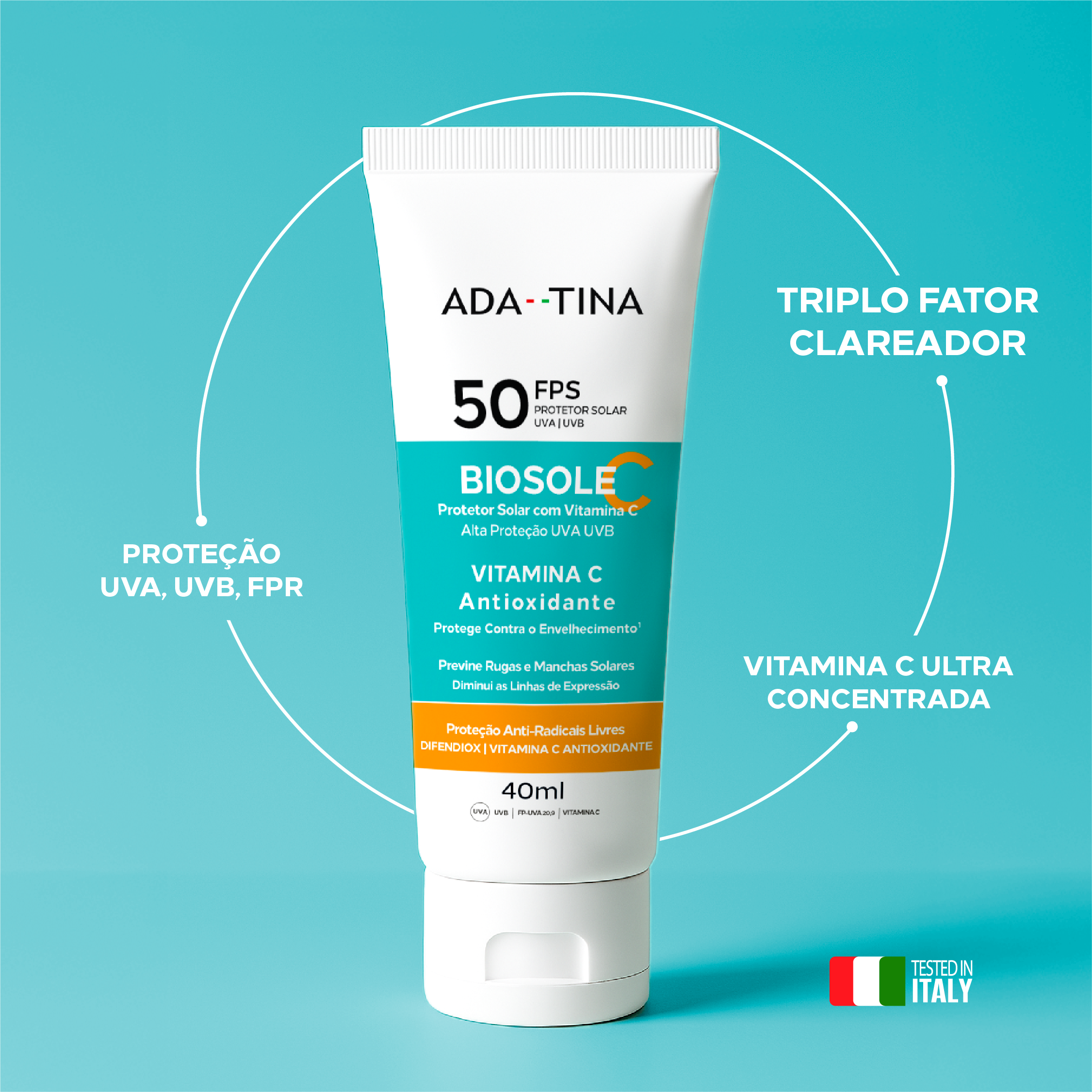 Protetor solar Biosole C FPS 50 possui proteção UVA/UVB/FPR, triplo fator clareador e vitamina C concentrada.